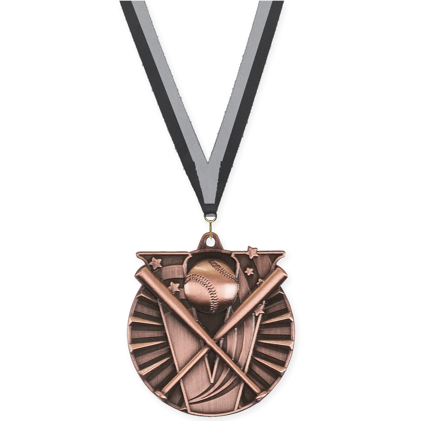 2 inch baseball and softball Victory medal in antique bronze with Black Gray neck ribbon