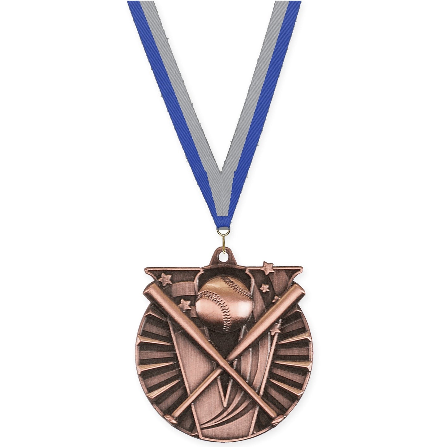 2 inch baseball and softball Victory medal in antique bronze with Blue Gray neck ribbon