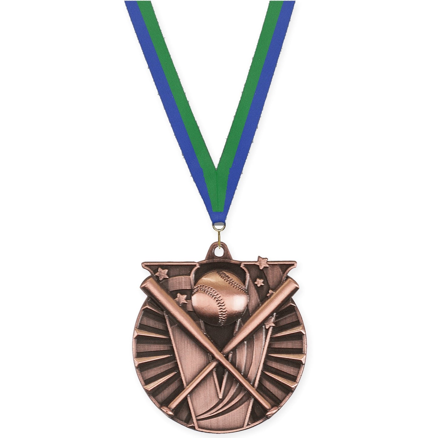 2 inch baseball and softball Victory medal in antique bronze with Blue Green neck ribbon