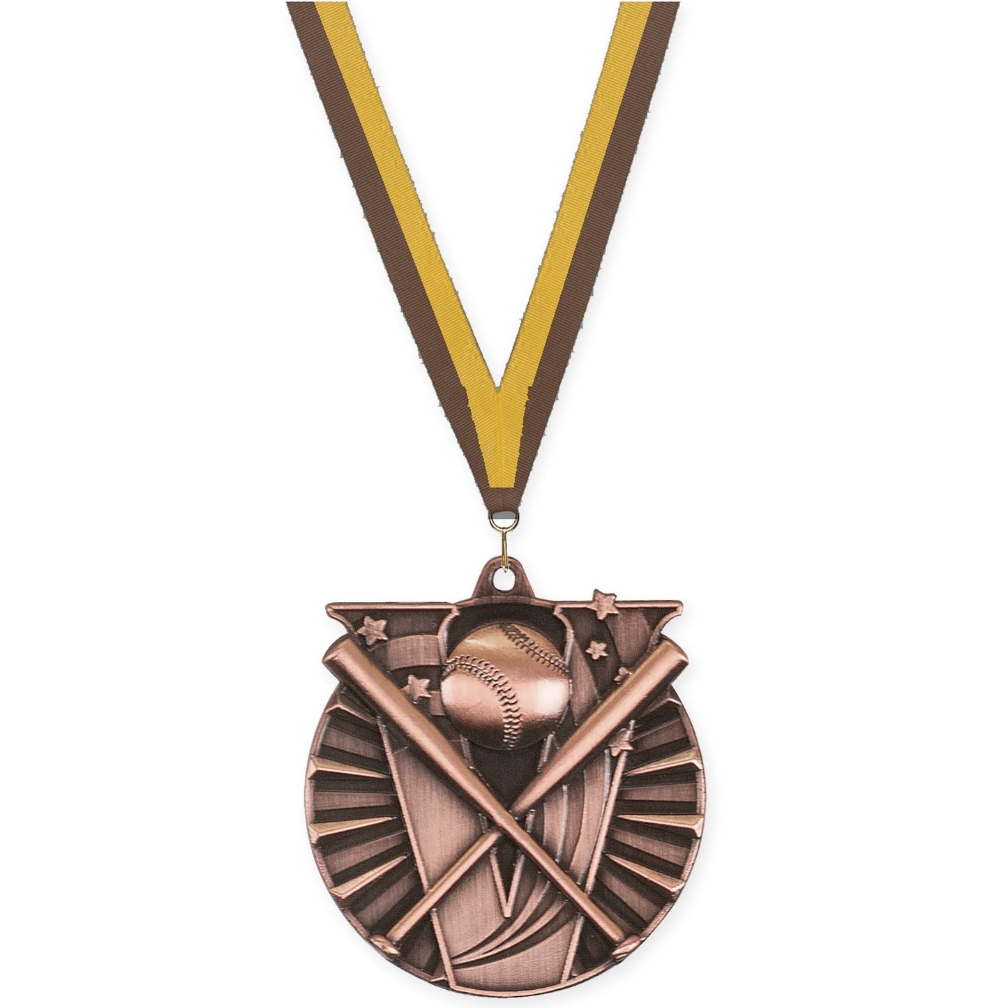 2 inch baseball and softball Victory medal in antique bronze with Brown Gold neck ribbon