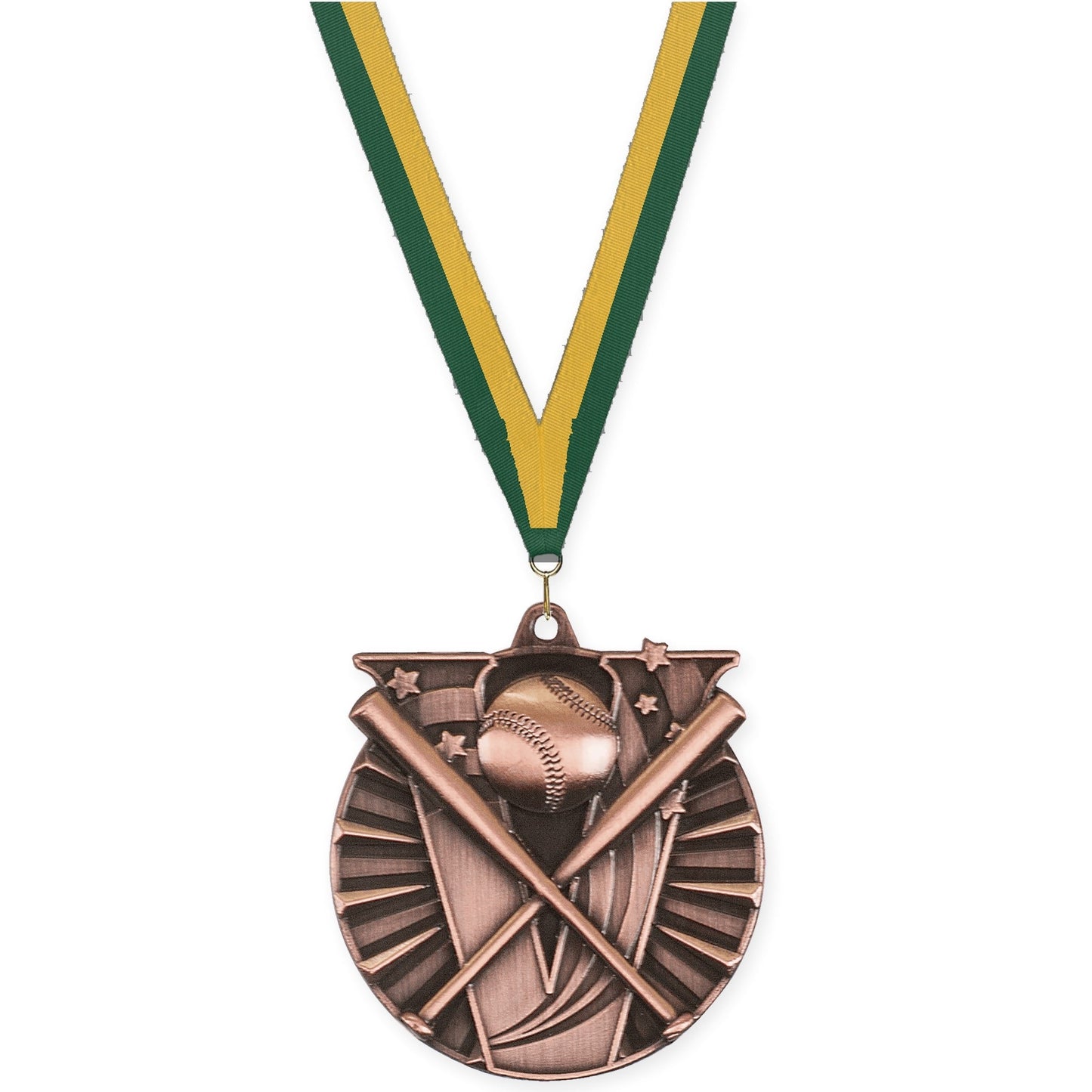 2 inch baseball and softball Victory medal in antique bronze with Hunter Green Gold neck ribbon