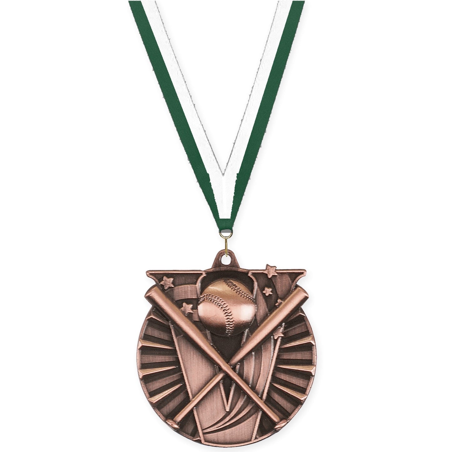 2 inch baseball and softball Victory medal in antique bronze with Hunter Green White neck ribbon