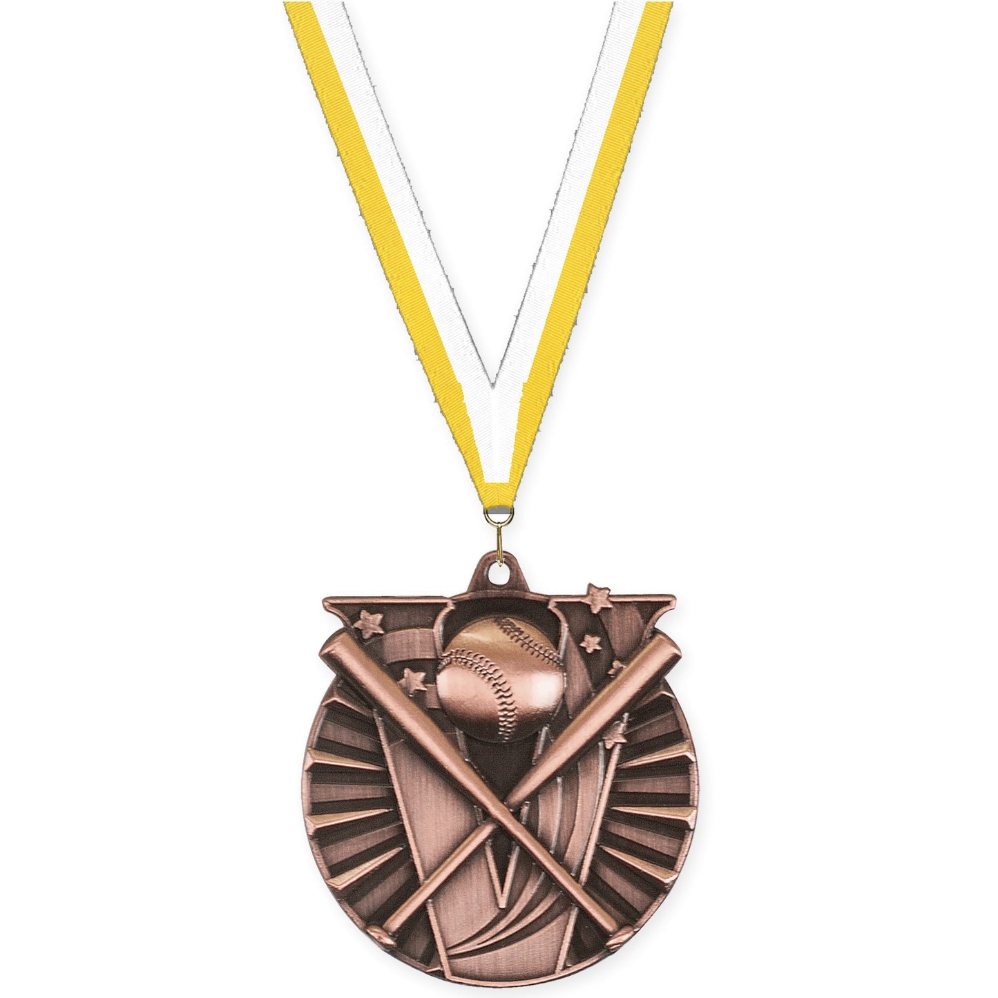 2 inch baseball and softball Victory medal in antique bronze with Yellow White neck ribbon