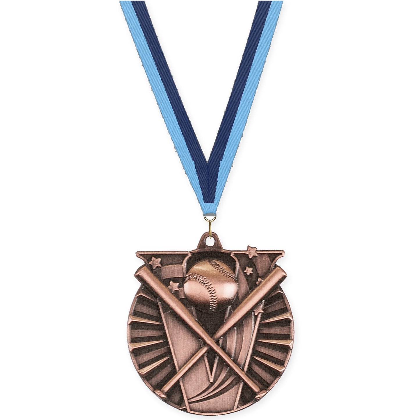 2 inch baseball and softball Victory medal in antique bronze with Light Blue Navy neck ribbon