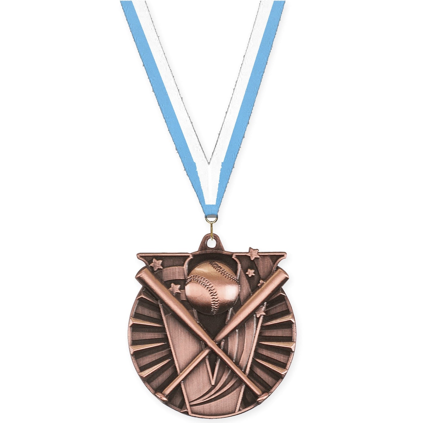 2 inch baseball and softball Victory medal in antique bronze with Light Blue White neck ribbon