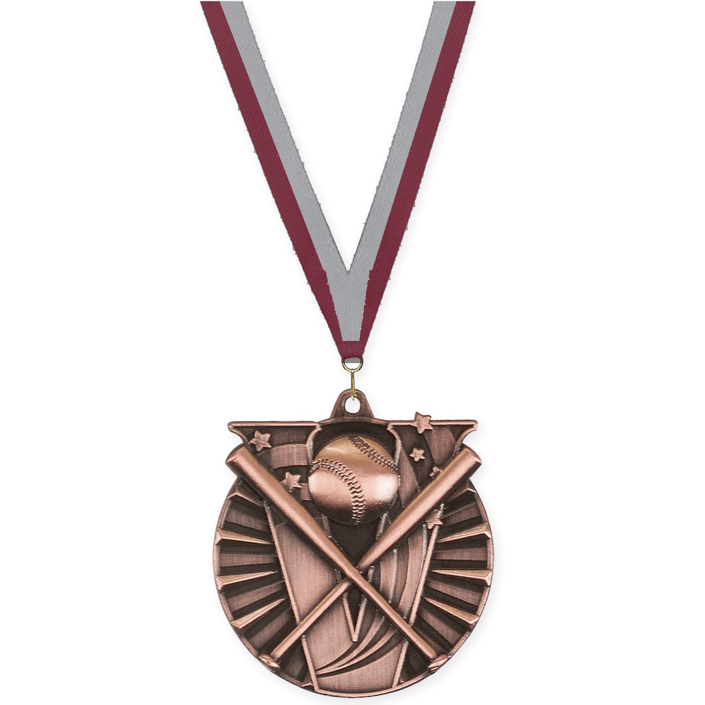 2 inch baseball and softball Victory medal in antique bronze with Maroon Gray neck ribbon