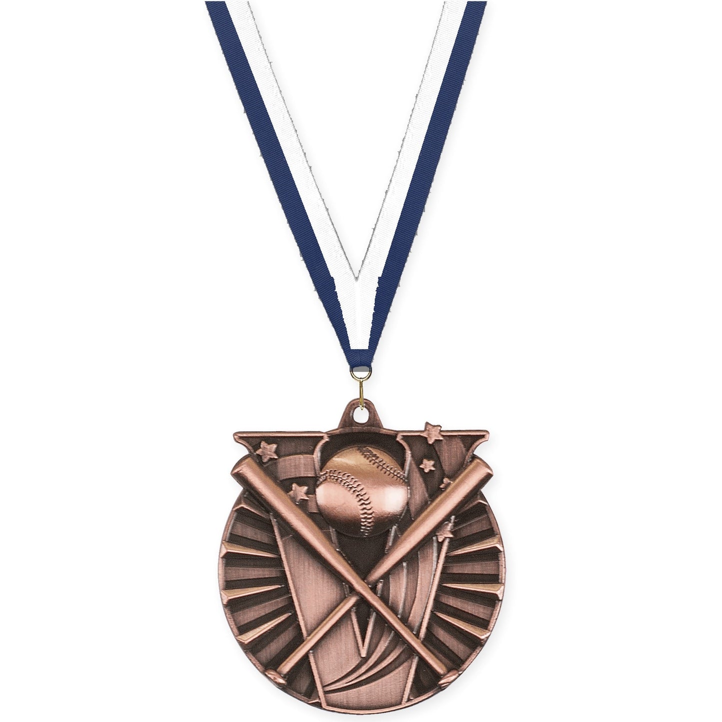 2 inch baseball and softball Victory medal in antique bronze with Navy White neck ribbon