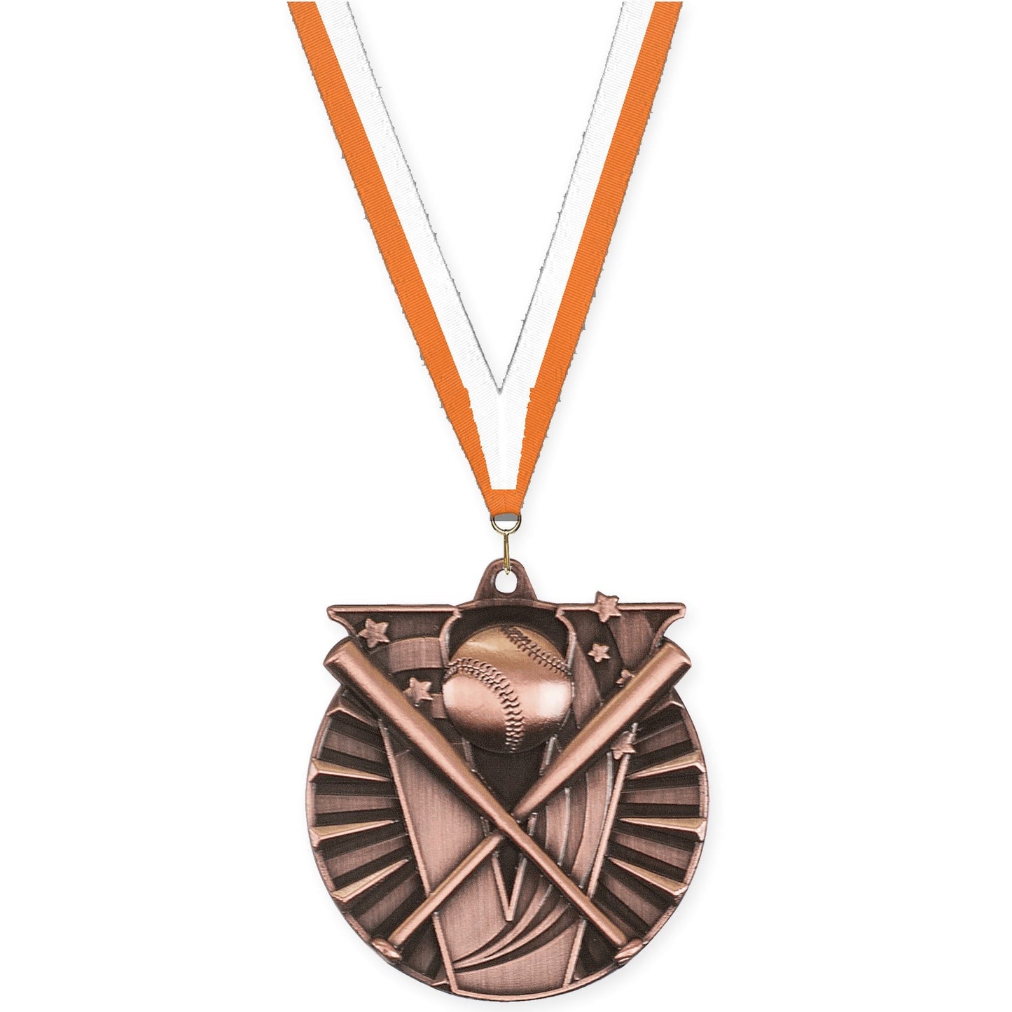 2 inch baseball and softball Victory medal in antique bronze with Orange White neck ribbon