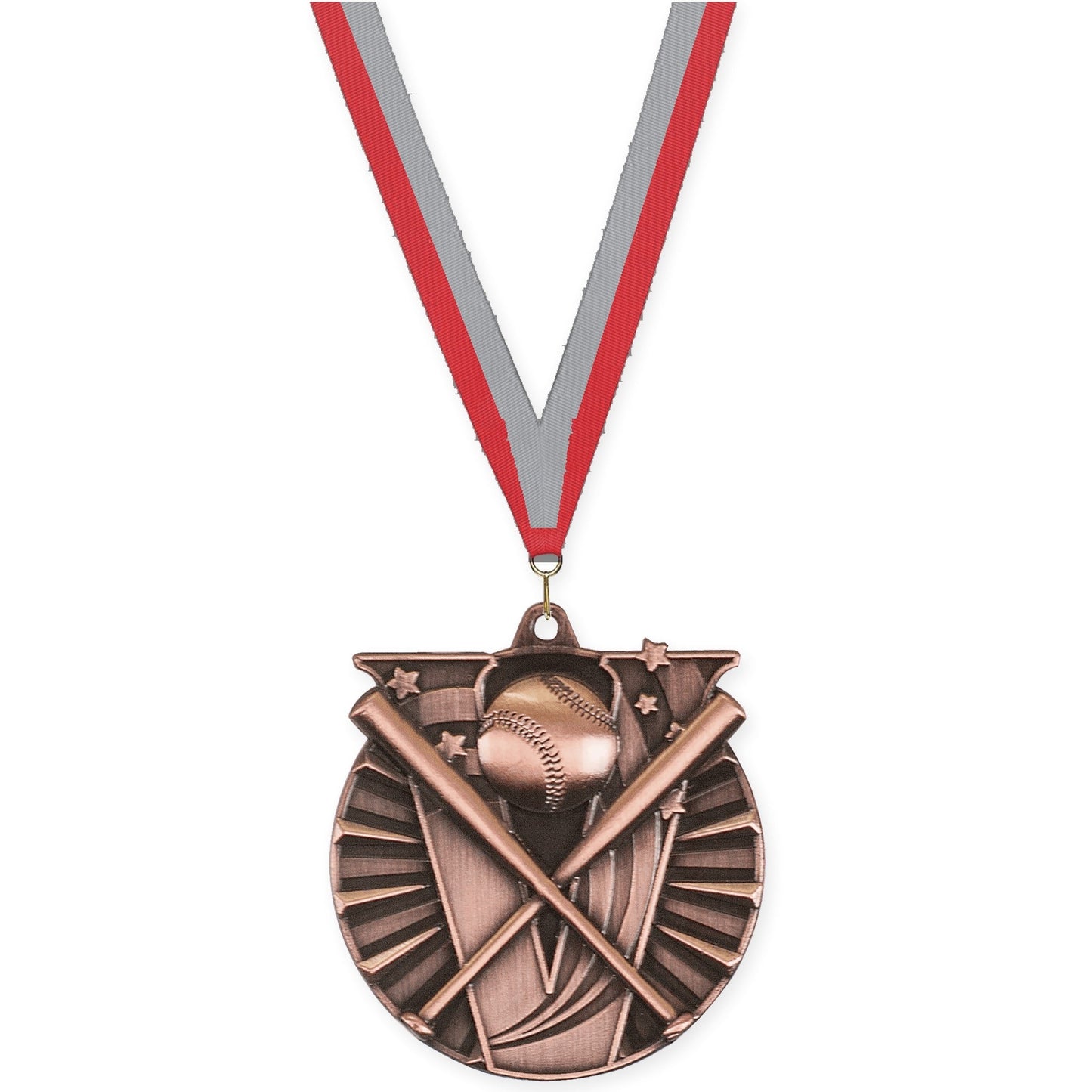 2 inch baseball and softball Victory medal in antique bronze with Red Gray neck ribbon