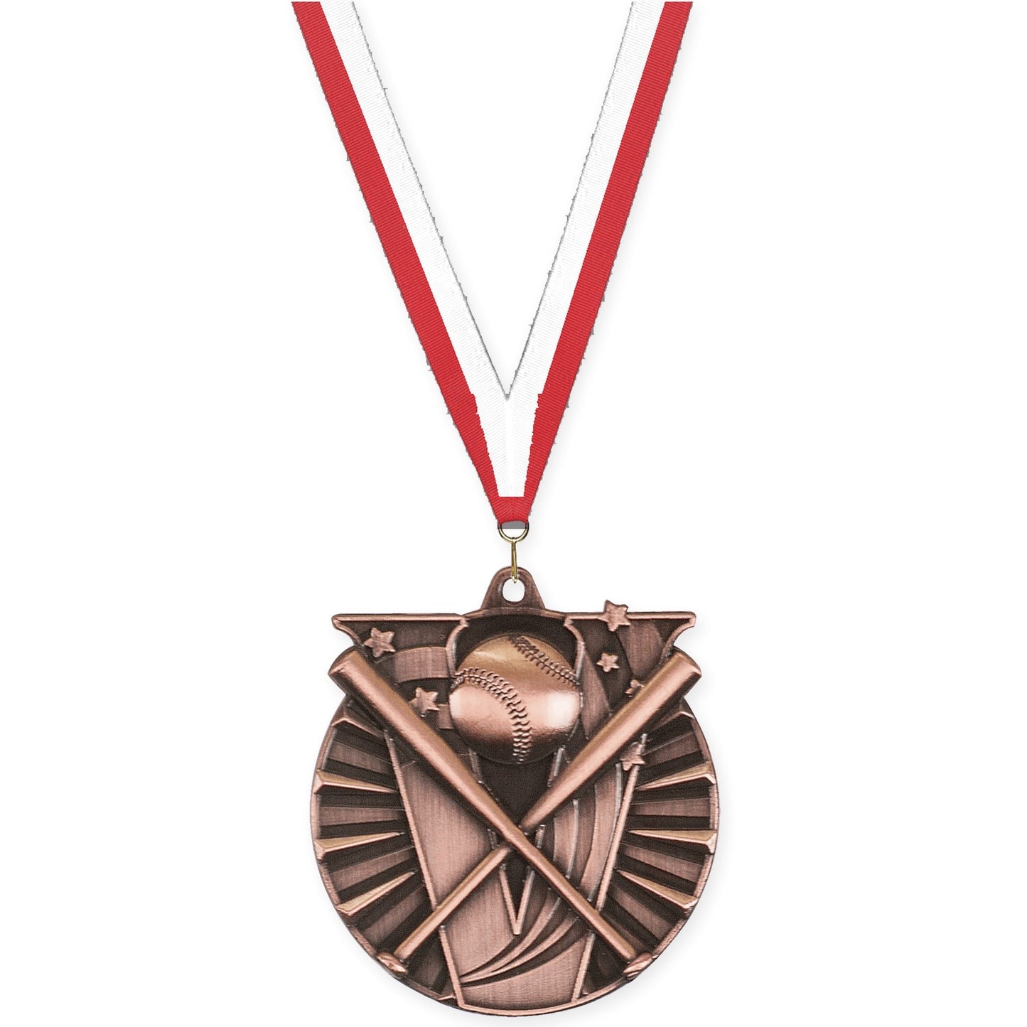 2 inch baseball and softball Victory medal in antique bronze with Red White neck ribbon