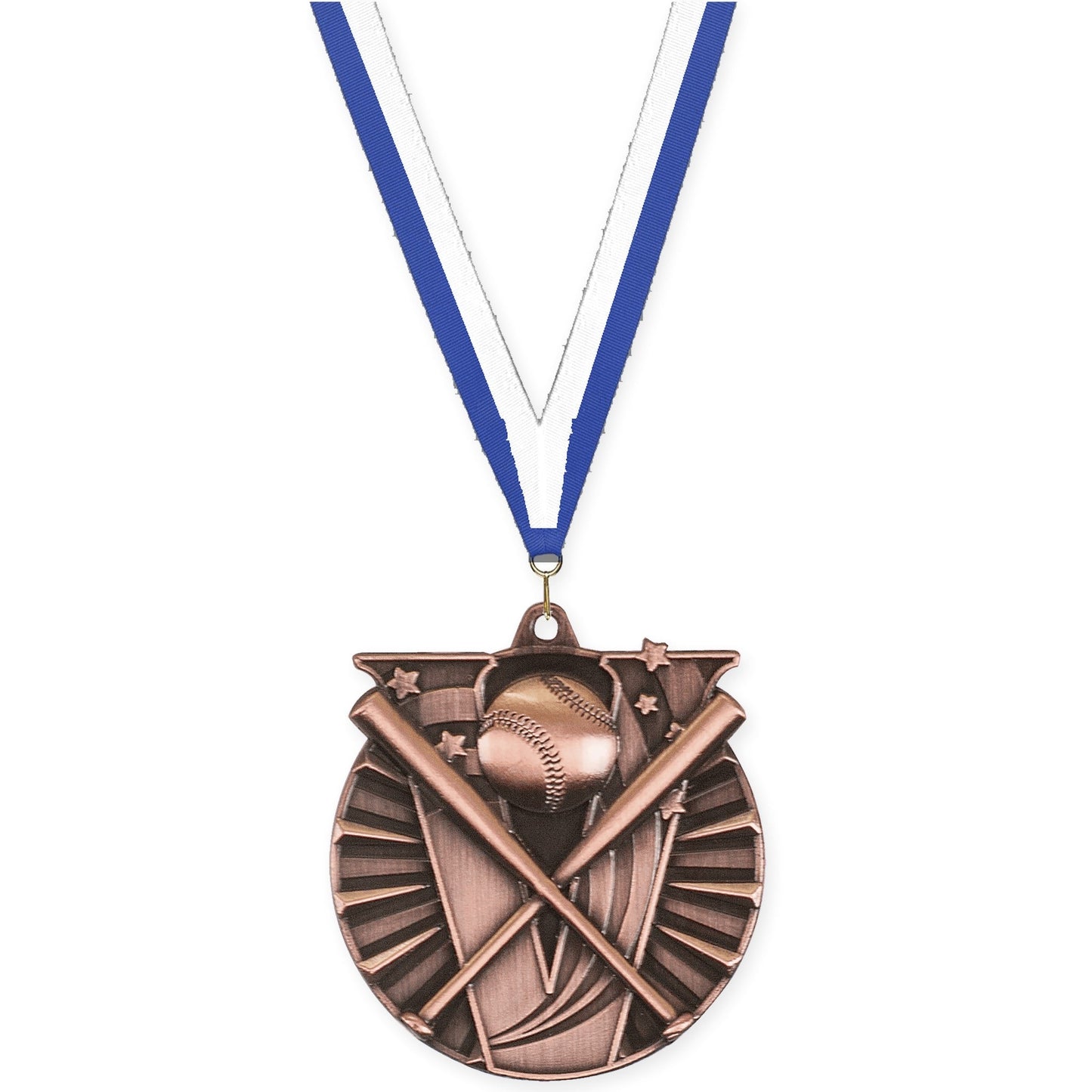2 inch baseball and softball Victory medal in antique bronze with Blue White neck ribbon