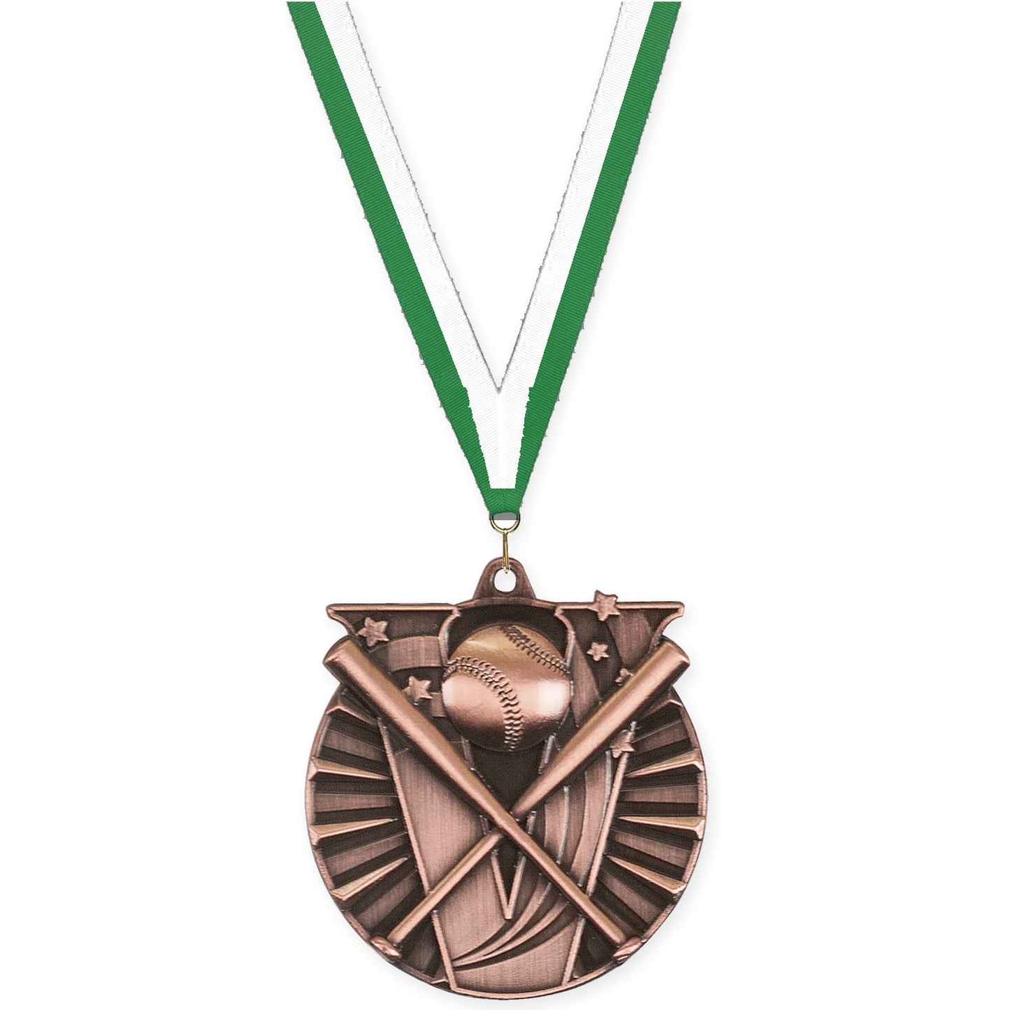 2 inch baseball and softball Victory medal in antique bronze with Green White neck ribbon