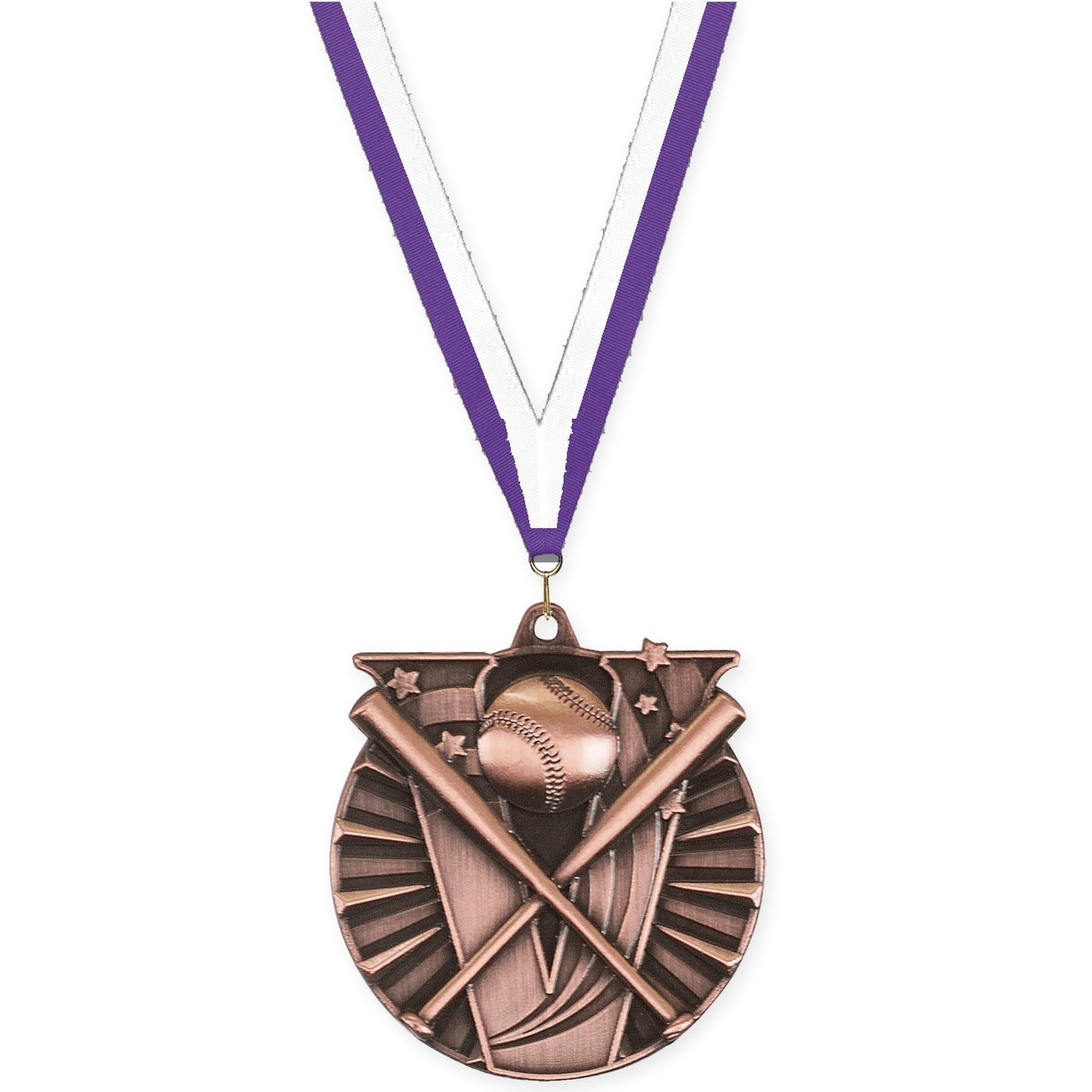 2 inch baseball and softball Victory medal in antique bronze with Purple White neck ribbon