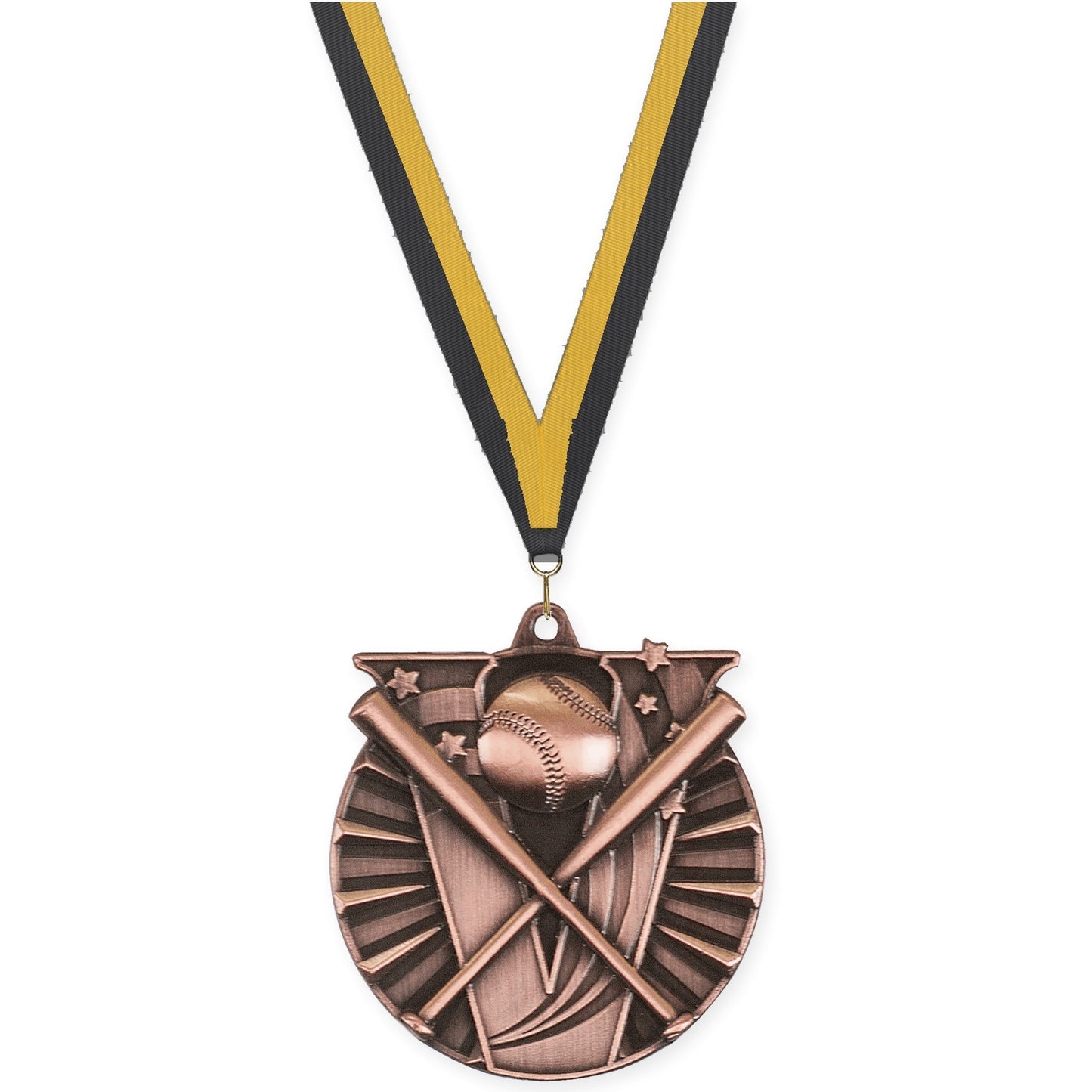 2 inch baseball and softball Victory medal in antique bronze with Black Gold neck ribbon