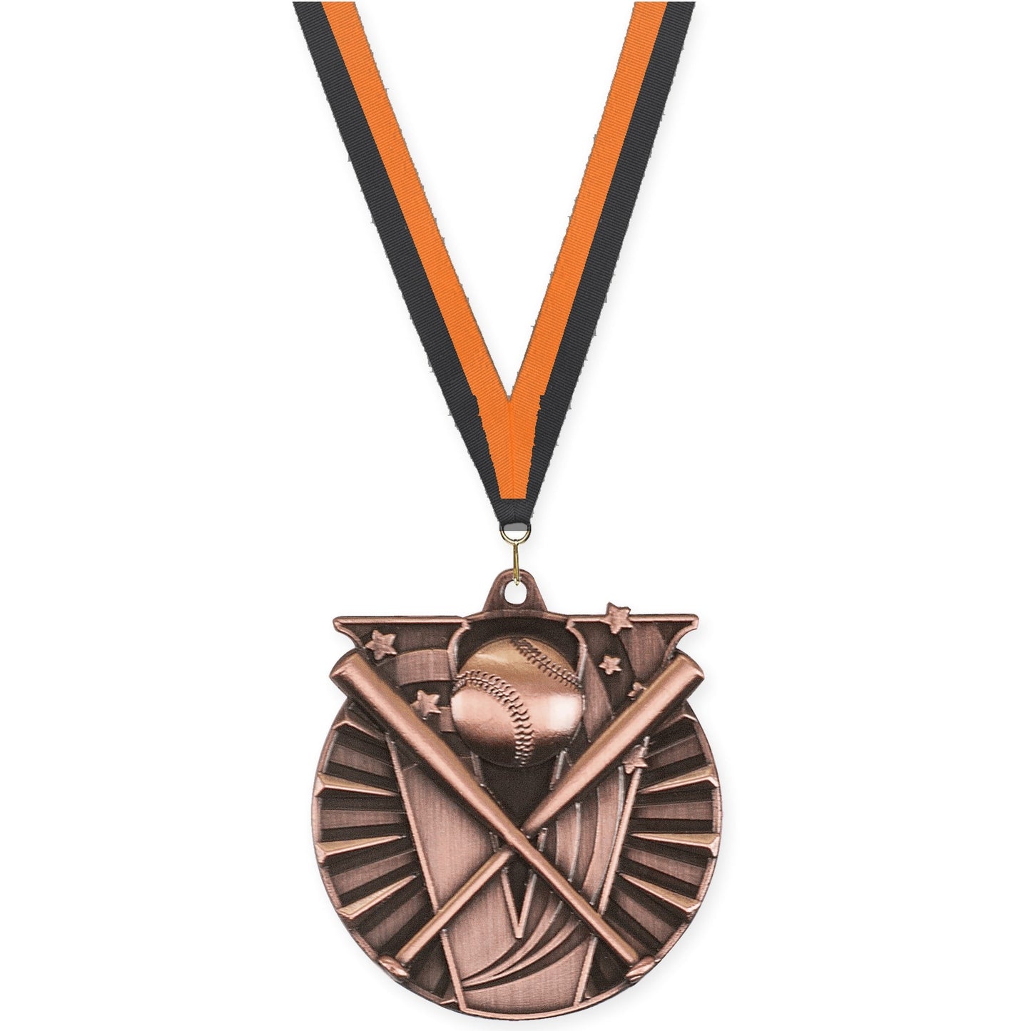 2 inch baseball and softball Victory medal in antique bronze with Black Orange neck ribbon