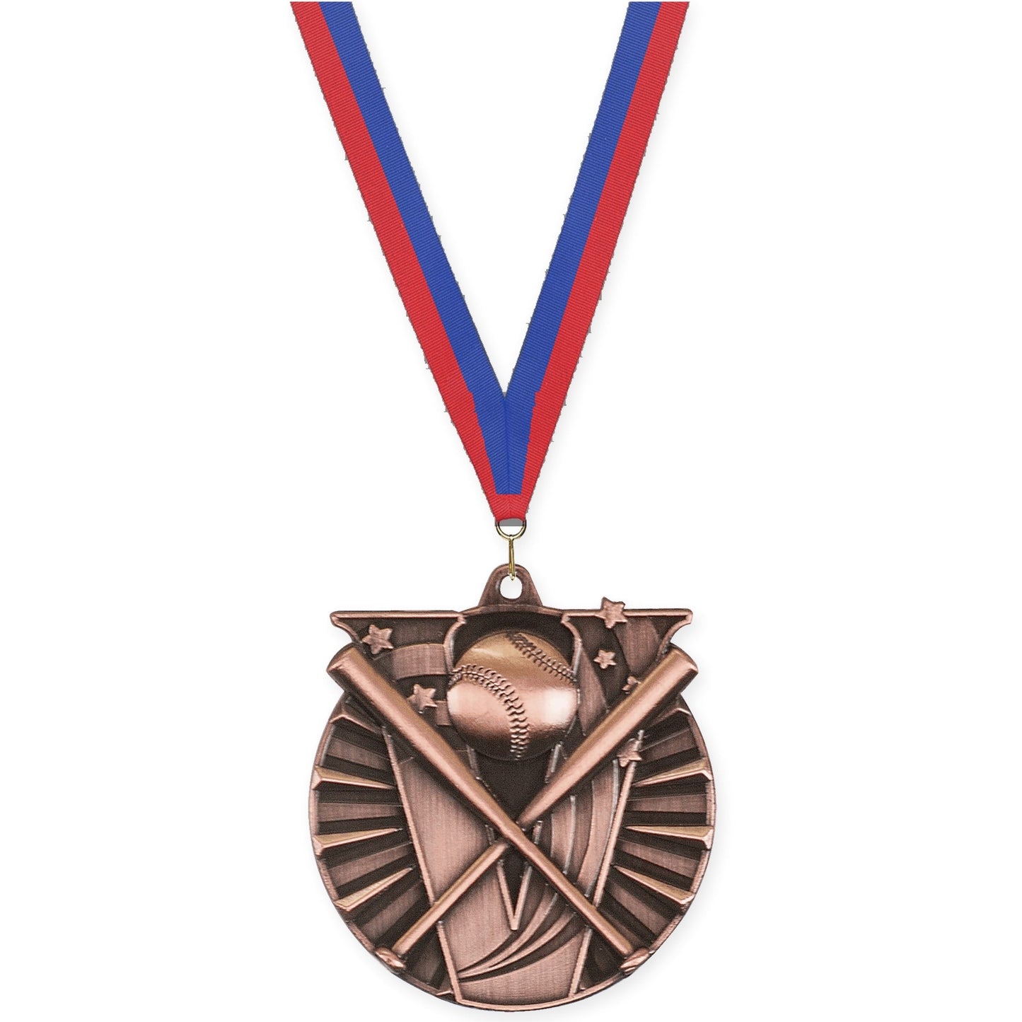2 inch baseball and softball Victory medal in antique bronze with Blue Red neck ribbon