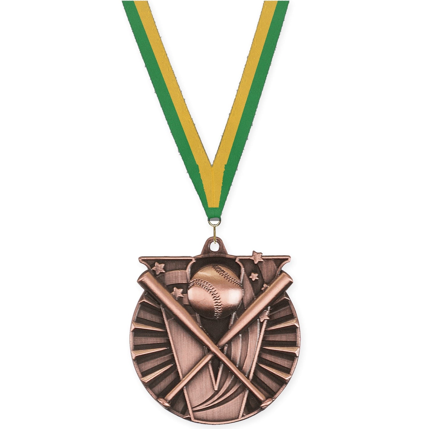 2 inch baseball and softball Victory medal in antique bronze with Green Gold neck ribbon