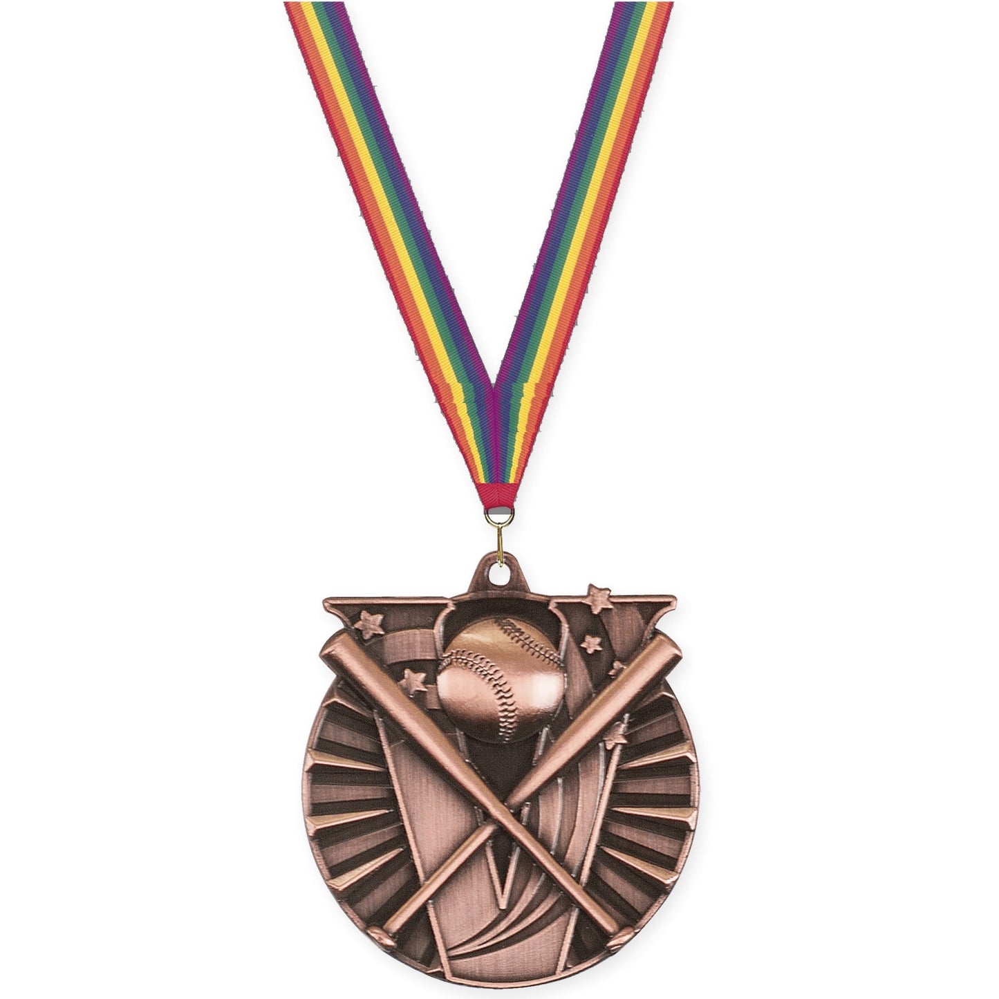2 inch baseball and softball Victory medal in antique bronze with Rainbow neck ribbon