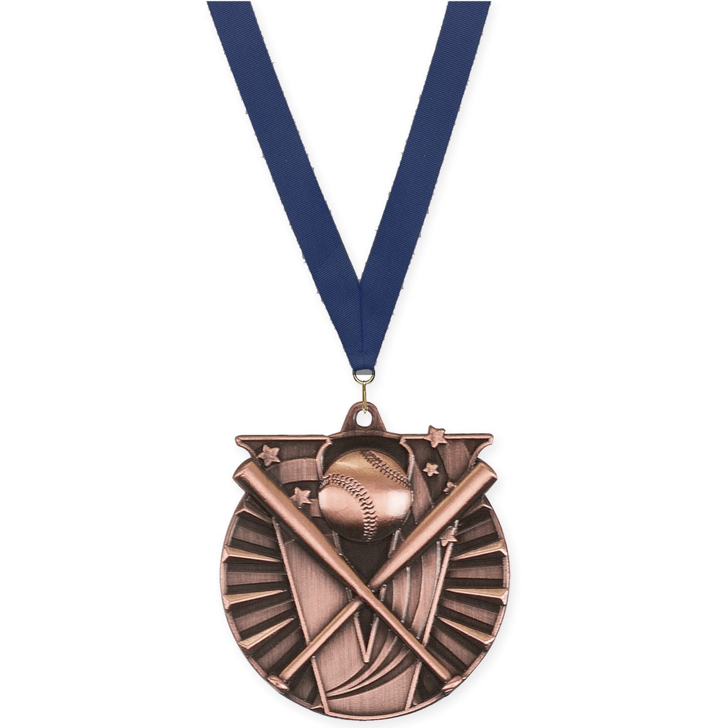2 inch baseball and softball Victory medal in antique bronze with Navy neck ribbon