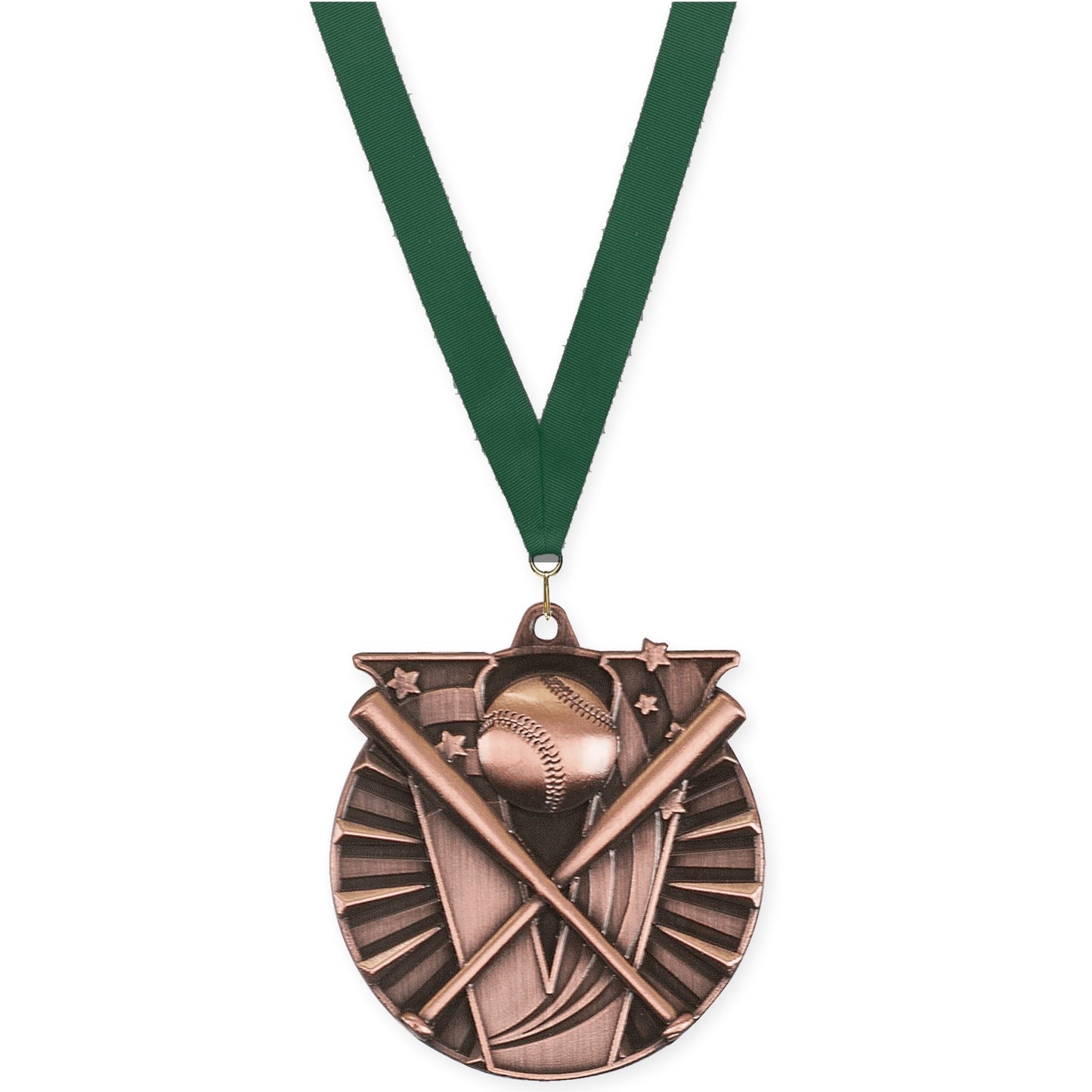 2 inch baseball and softball Victory medal in antique bronze with Hunter Green neck ribbon