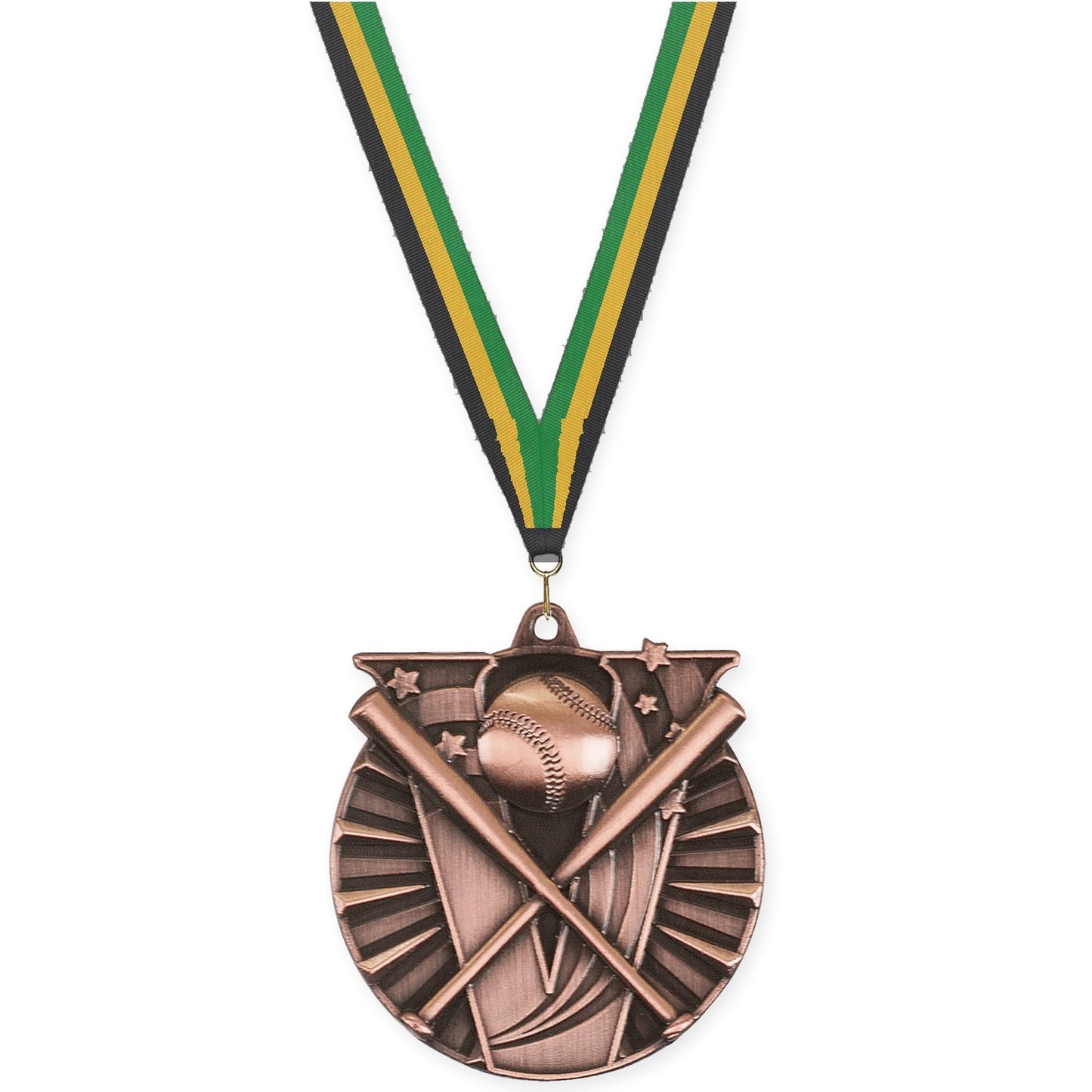 2 inch baseball and softball Victory medal in antique bronze with Black Gold Green neck ribbon