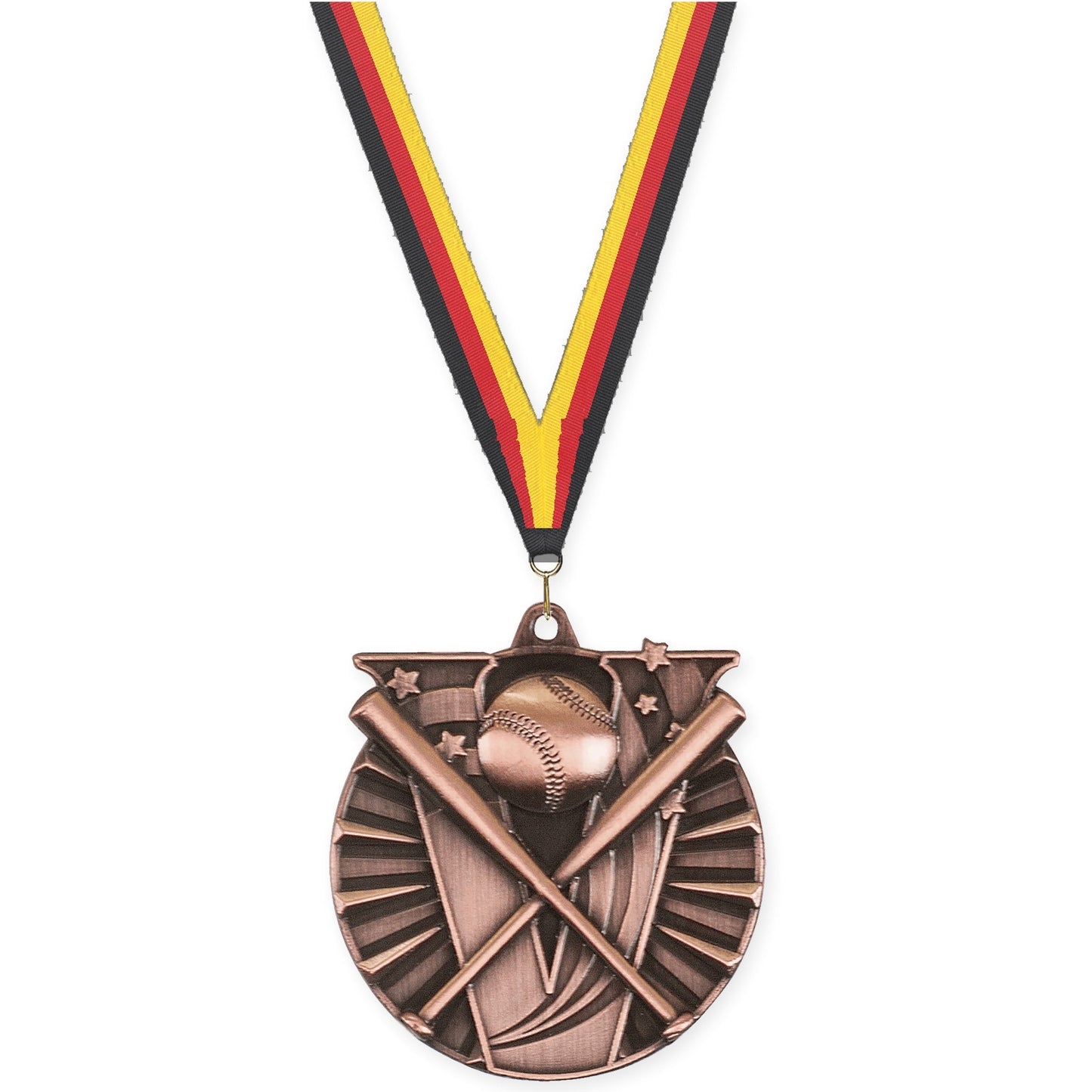 2 inch baseball and softball Victory medal in antique bronze with Black Red Yellow neck ribbon