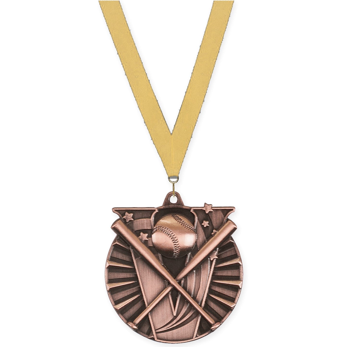 2 inch baseball and softball Victory medal in antique bronze with Gold Metallic neck ribbon