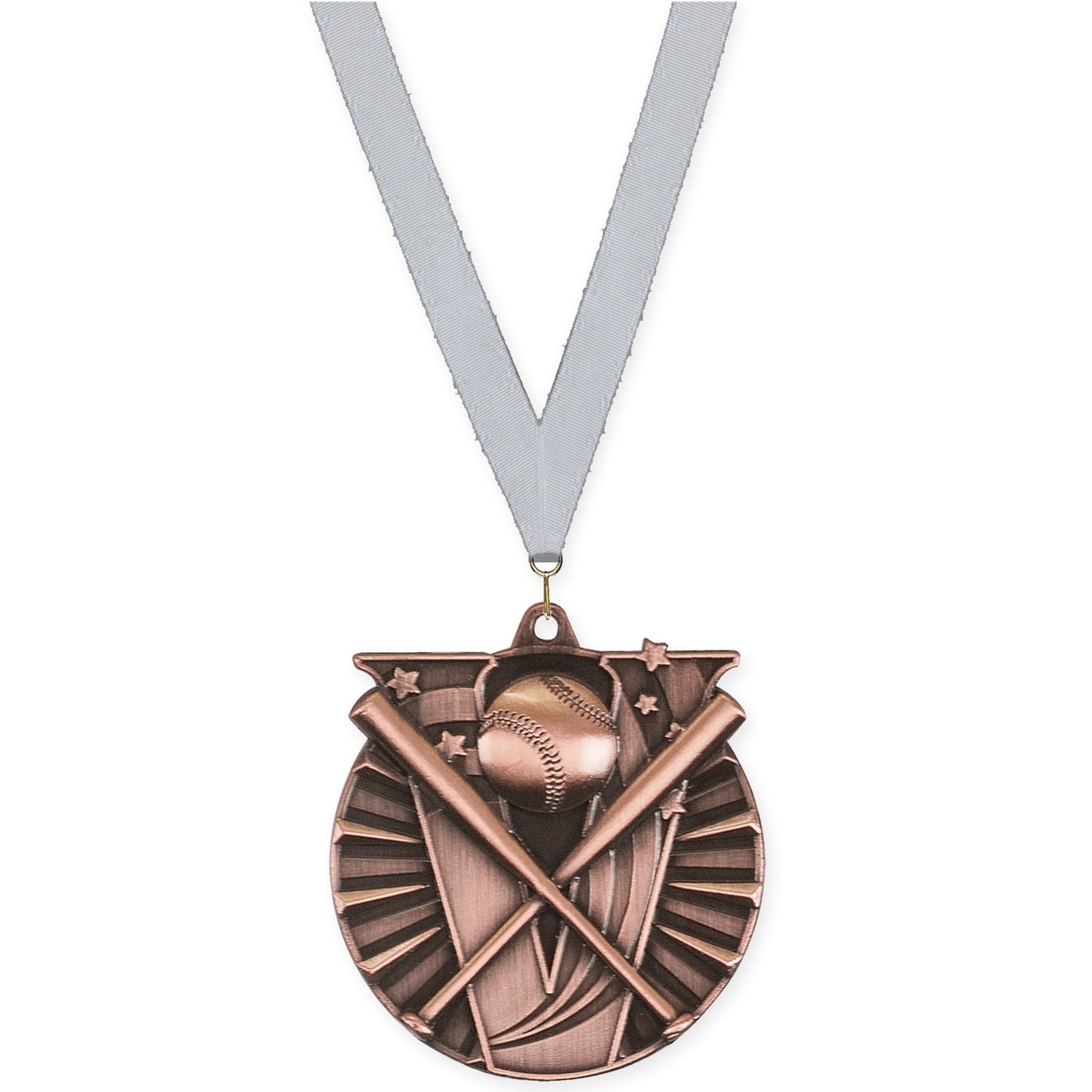 2 inch baseball and softball Victory medal in antique bronze with Silver Metallic neck ribbon