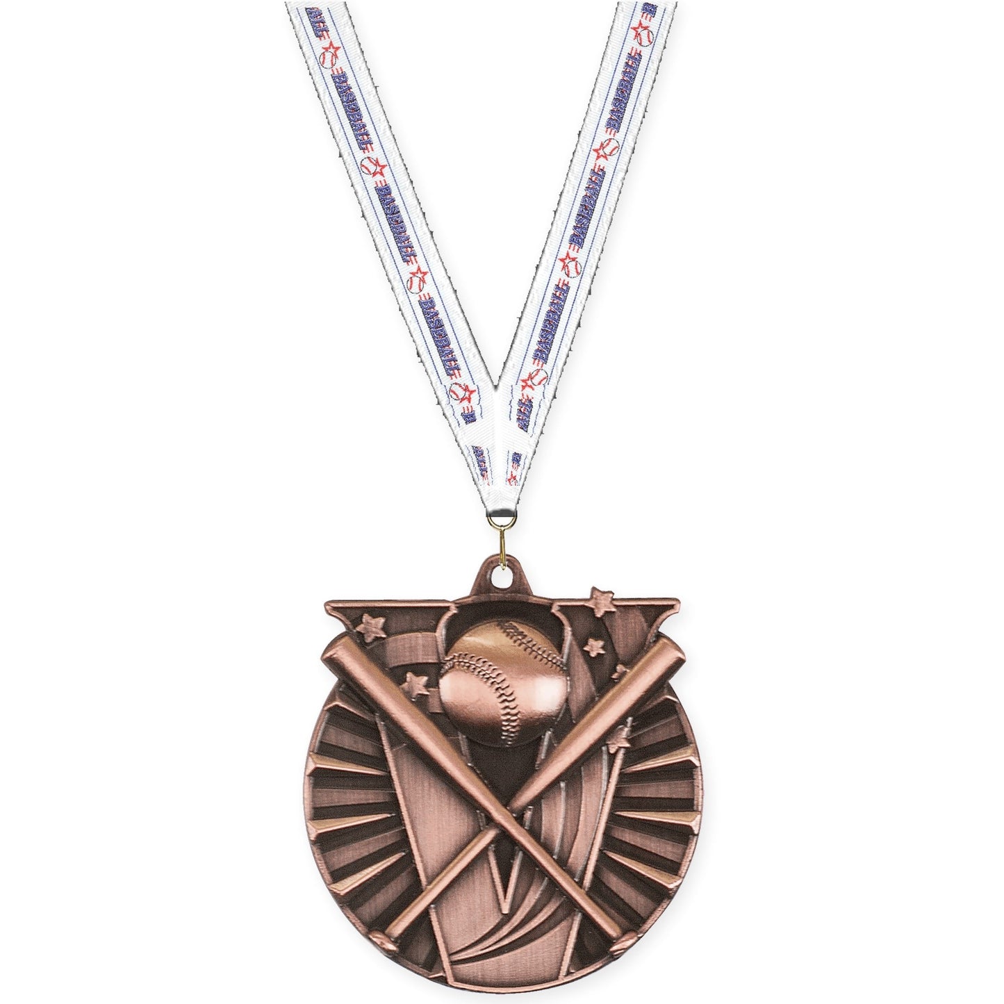 2 inch baseball and softball Victory medal in antique bronze with Baseball neck ribbon