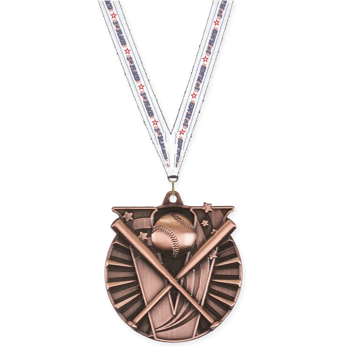 2 inch baseball and softball Victory medal in antique bronze with 1st Place neck ribbon