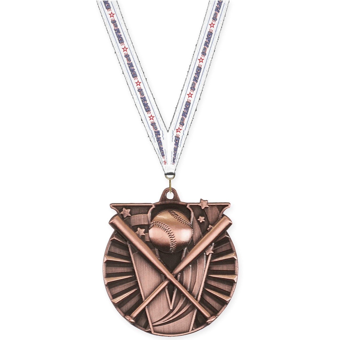 2 inch baseball and softball Victory medal in antique bronze with 3rd Place neck ribbon