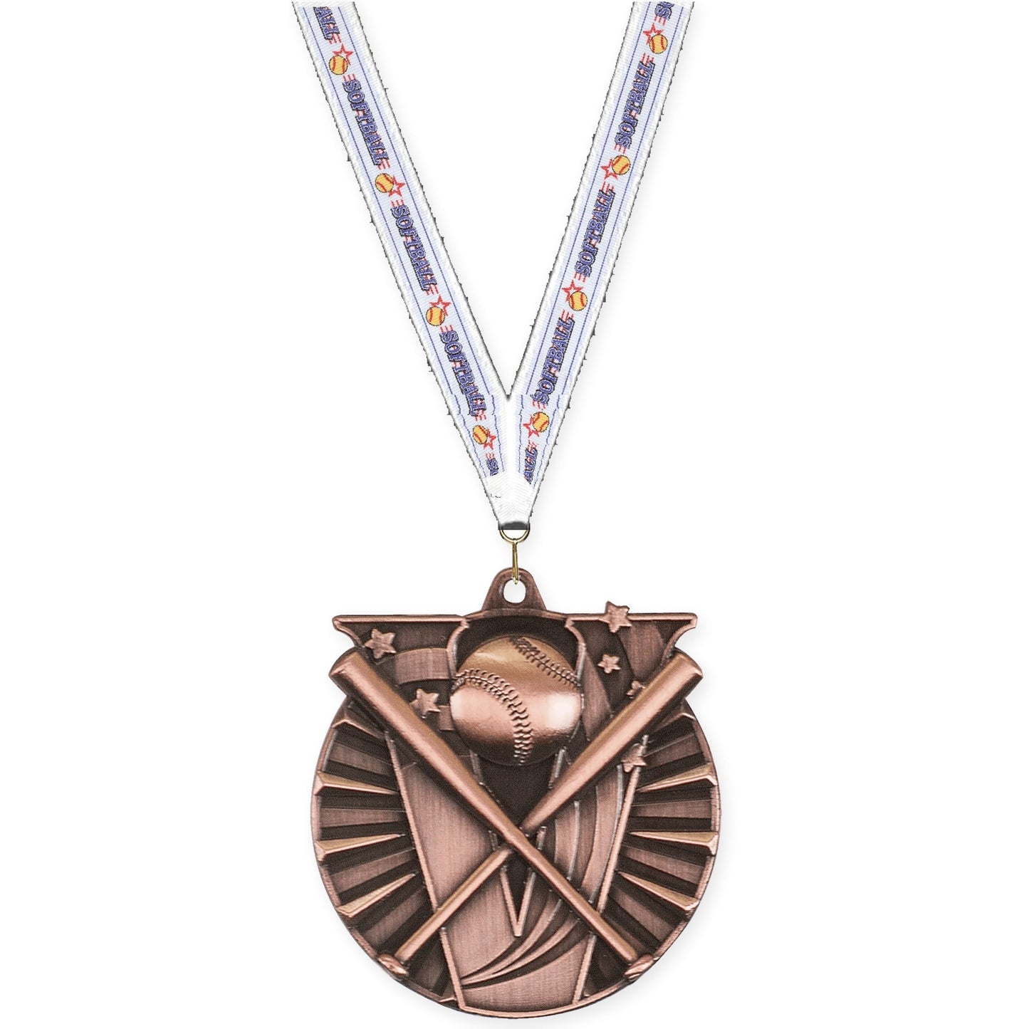 2 inch baseball and softball Victory medal in antique bronze with Softball neck ribbon