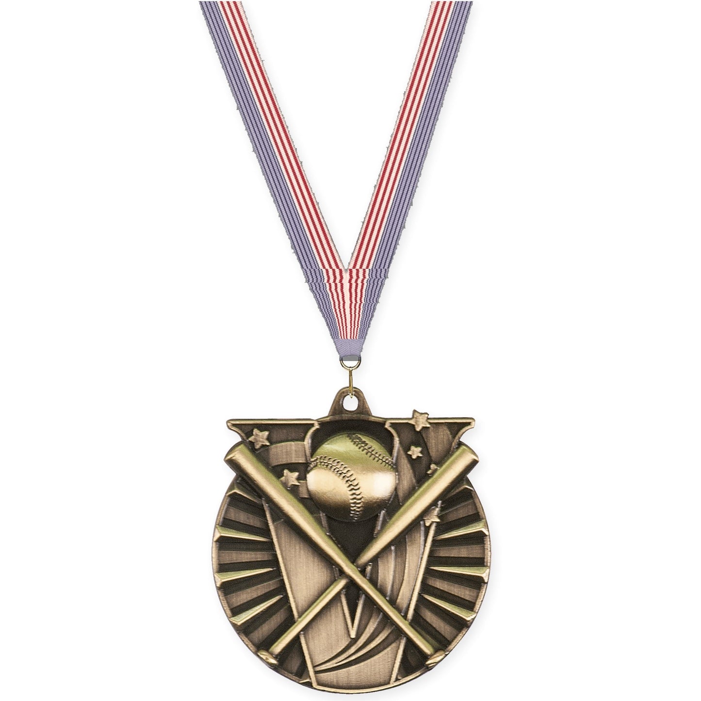 2 inch baseball and softball Victory medal in antique gold with USA Flag neck ribbon