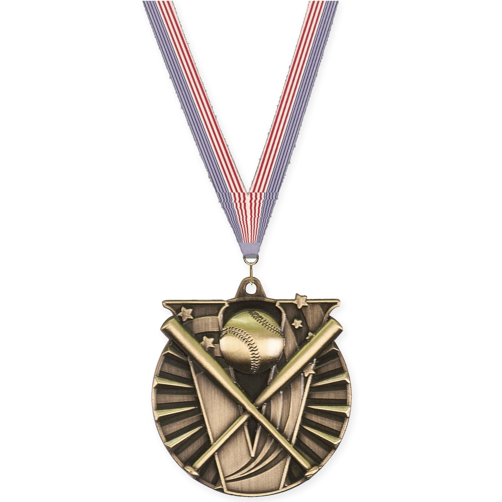 2 inch baseball and softball Victory medal in antique gold with USA Flag neck ribbon
