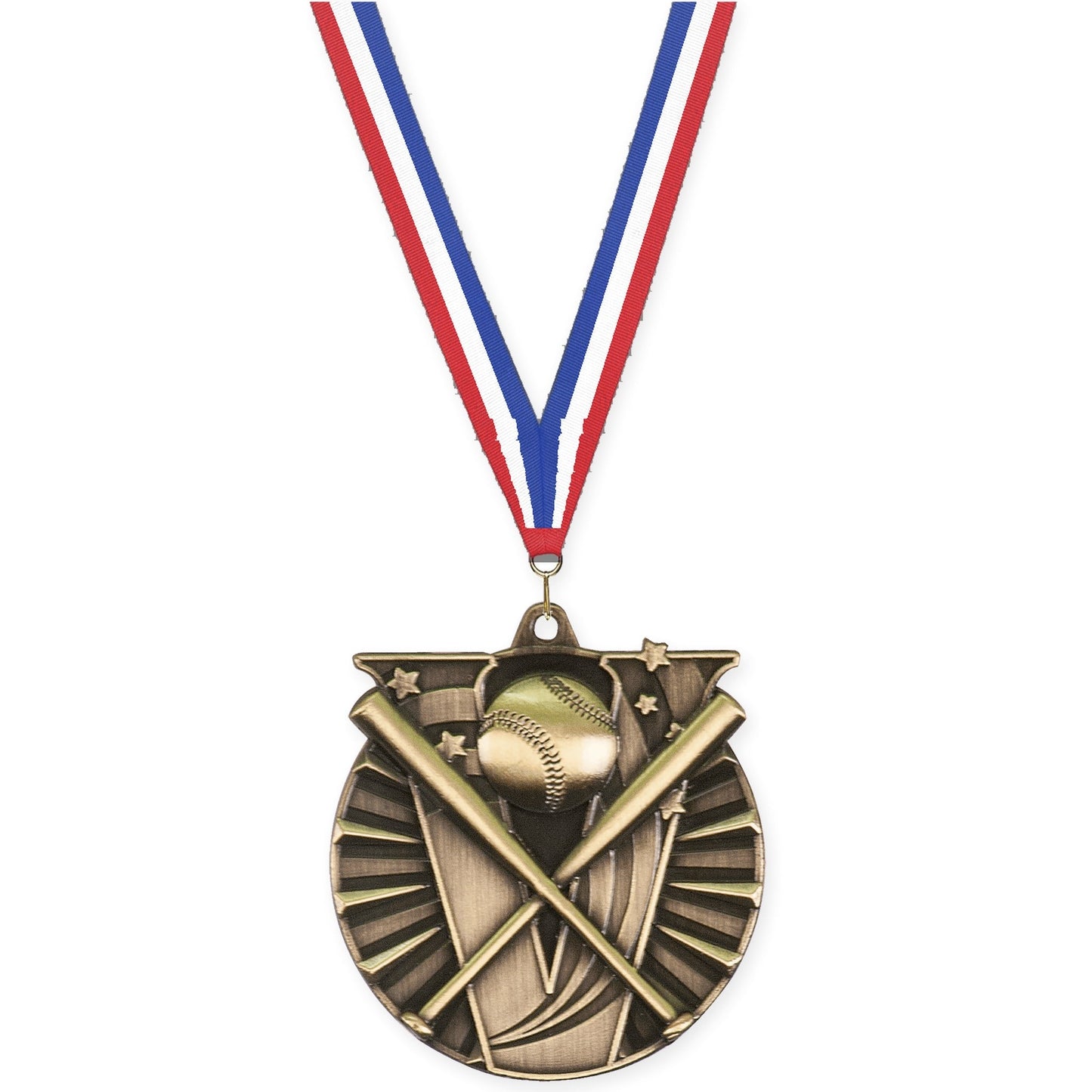 2 inch baseball and softball Victory medal in antique gold with Red White Blue neck ribbon