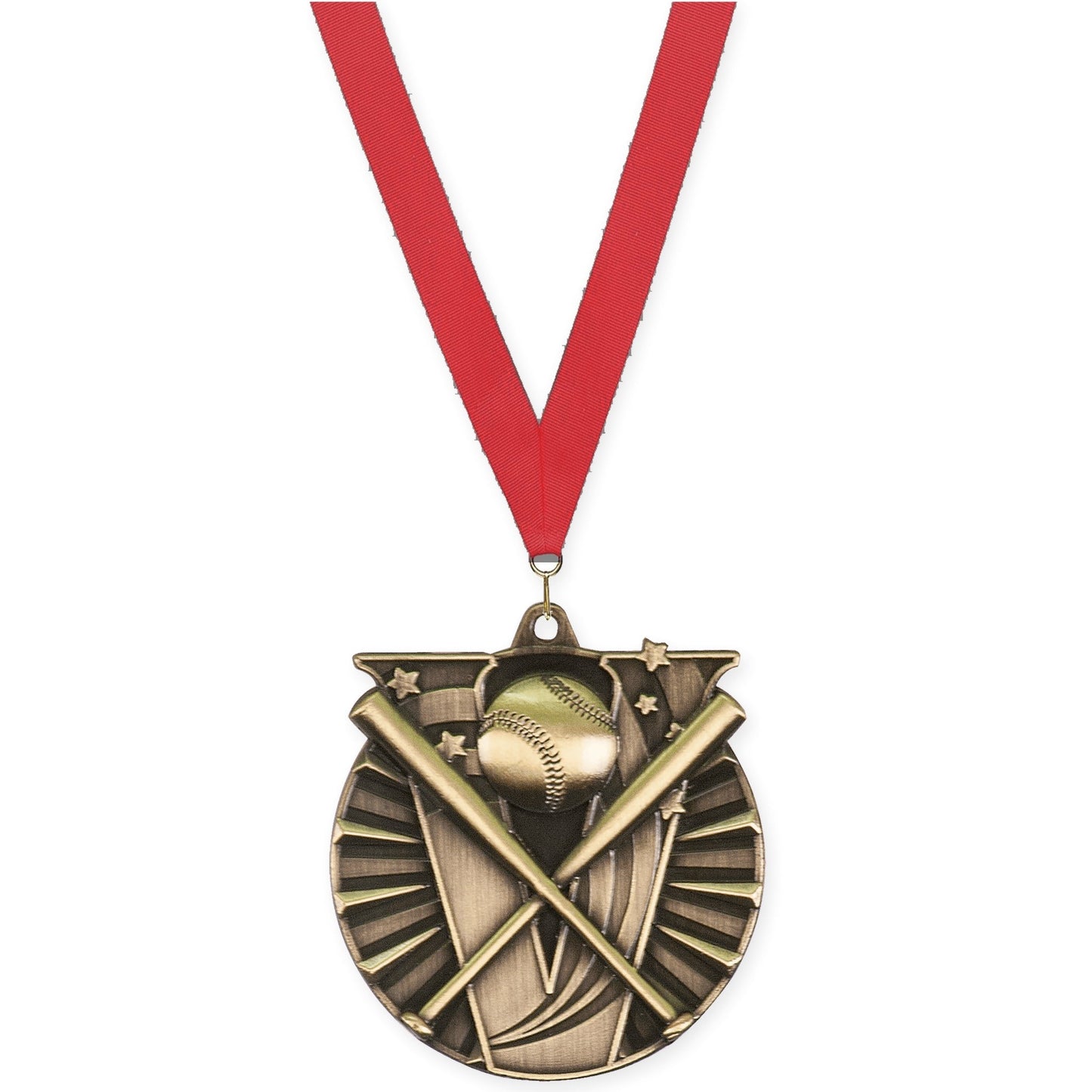 2 inch baseball and softball Victory medal in antique gold with Red neck ribbon