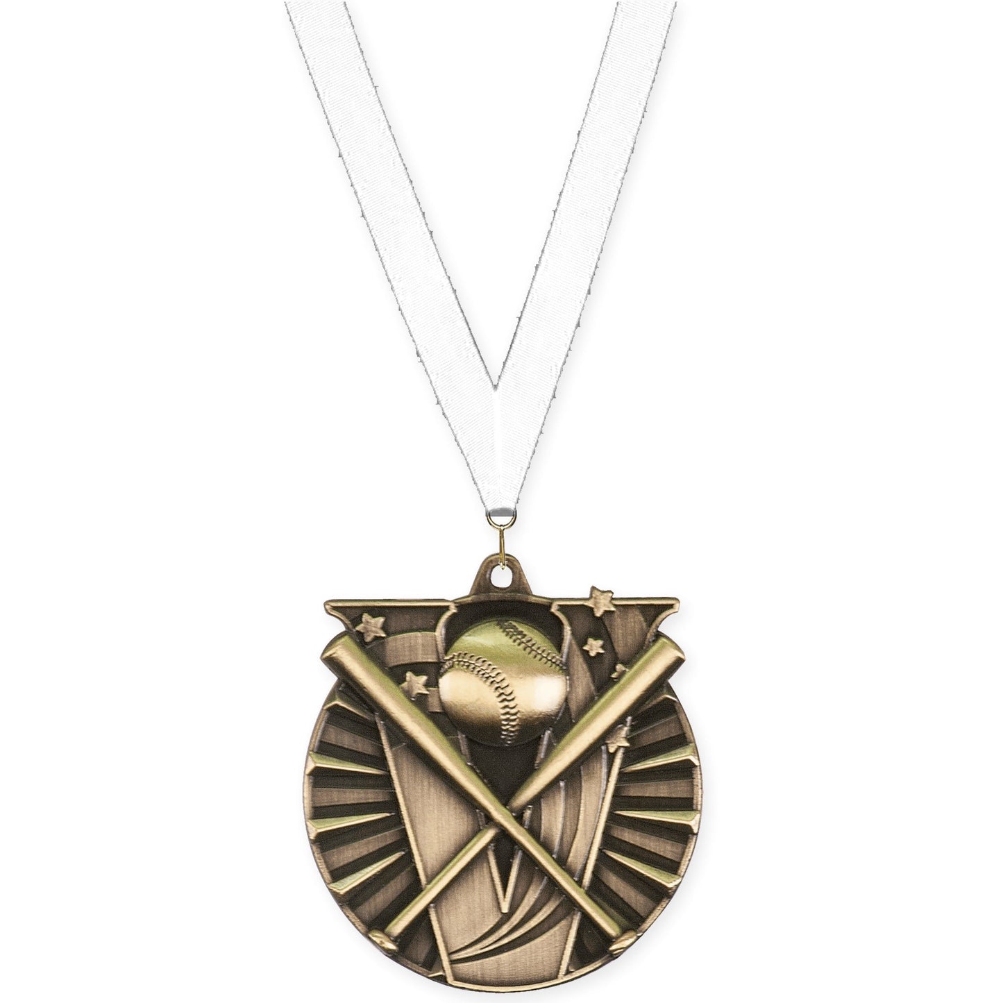 2 inch baseball and softball Victory medal in antique gold with White neck ribbon