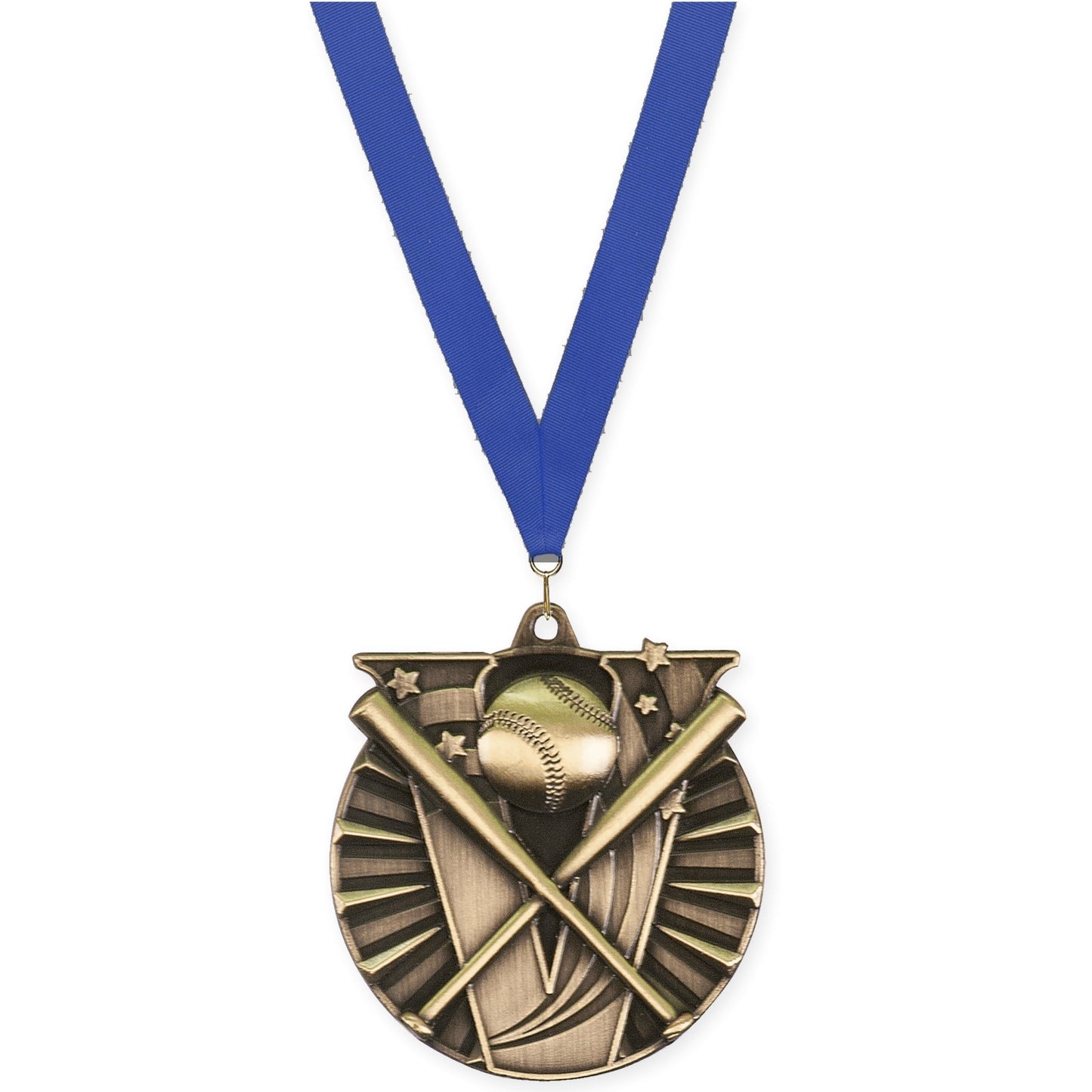 2 inch baseball and softball Victory medal in antique gold with Blue neck ribbon
