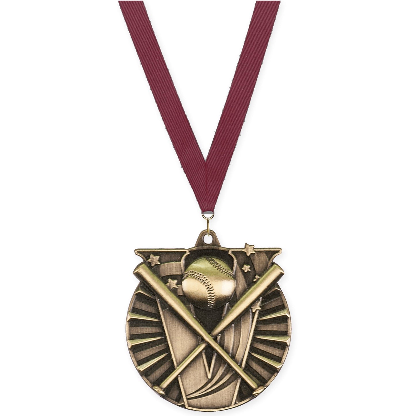 2 inch baseball and softball Victory medal in antique gold with Maroon neck ribbon