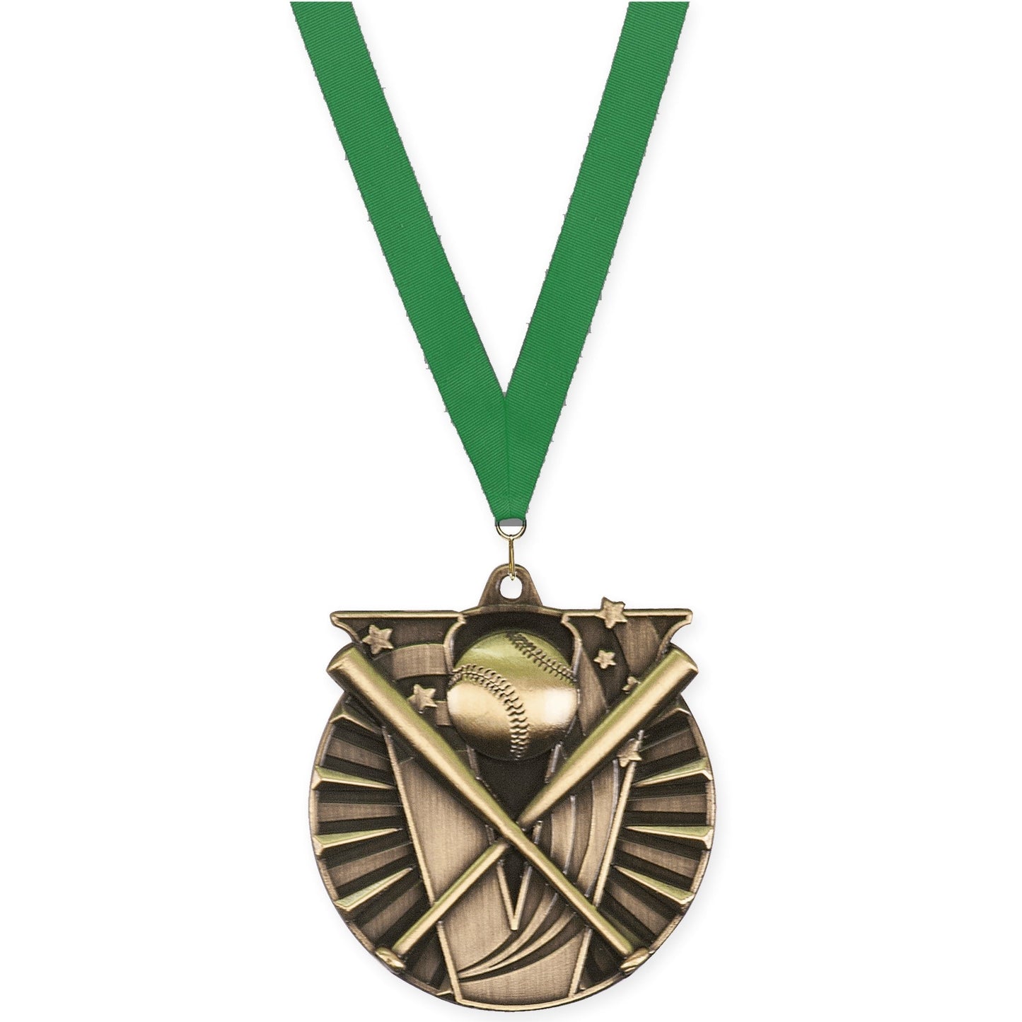 2 inch baseball and softball Victory medal in antique gold with Green neck ribbon