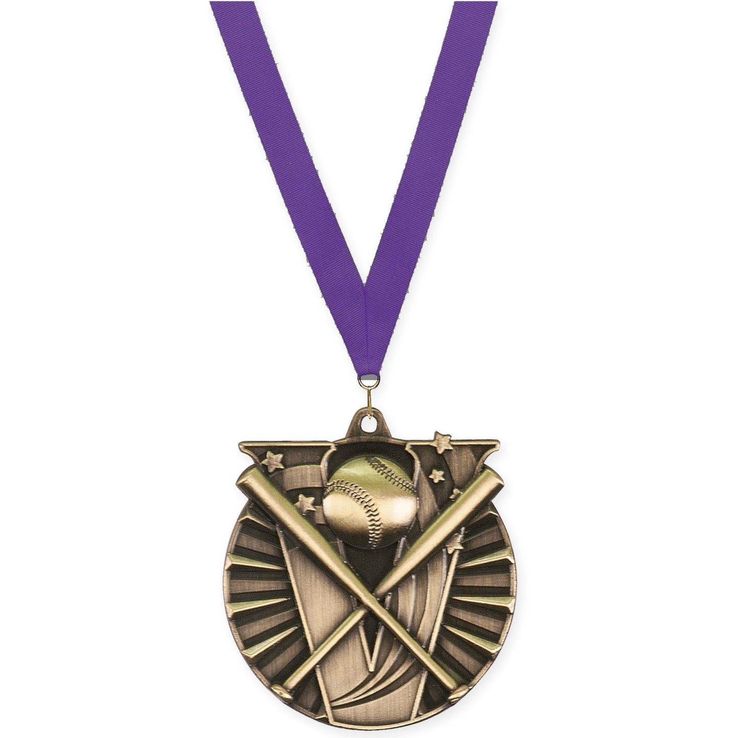 2 inch baseball and softball Victory medal in antique gold with Purple neck ribbon