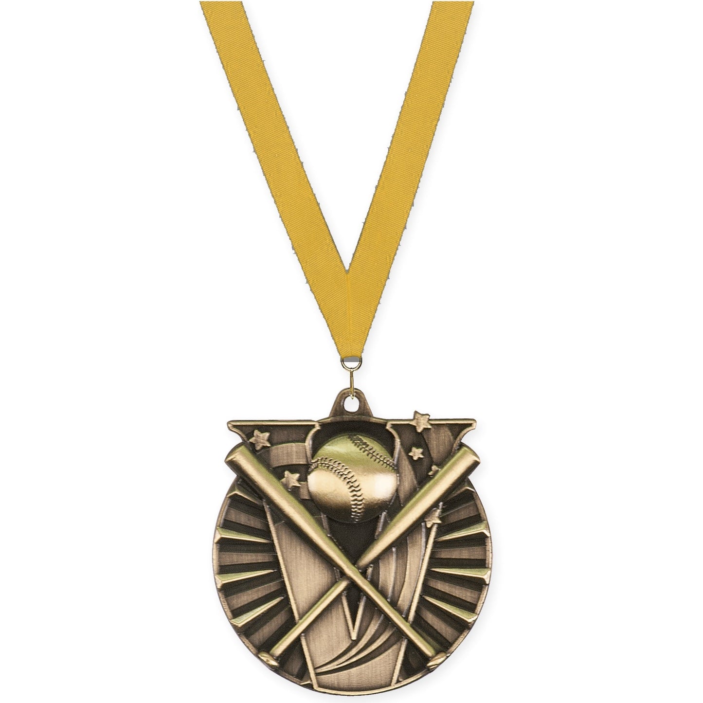 2 inch baseball and softball Victory medal in antique gold with Gold neck ribbon