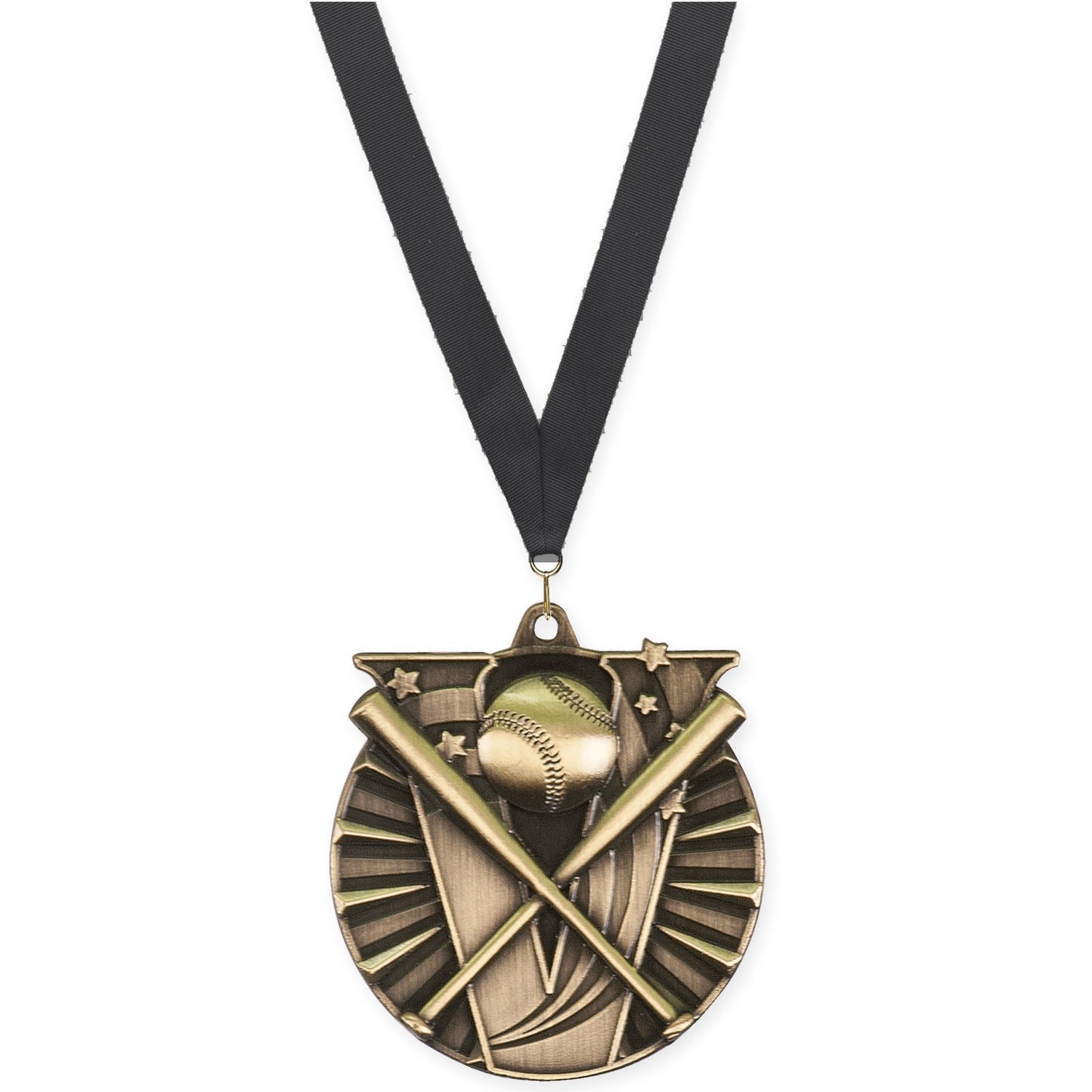 2 inch baseball and softball Victory medal in antique gold with Black neck ribbon