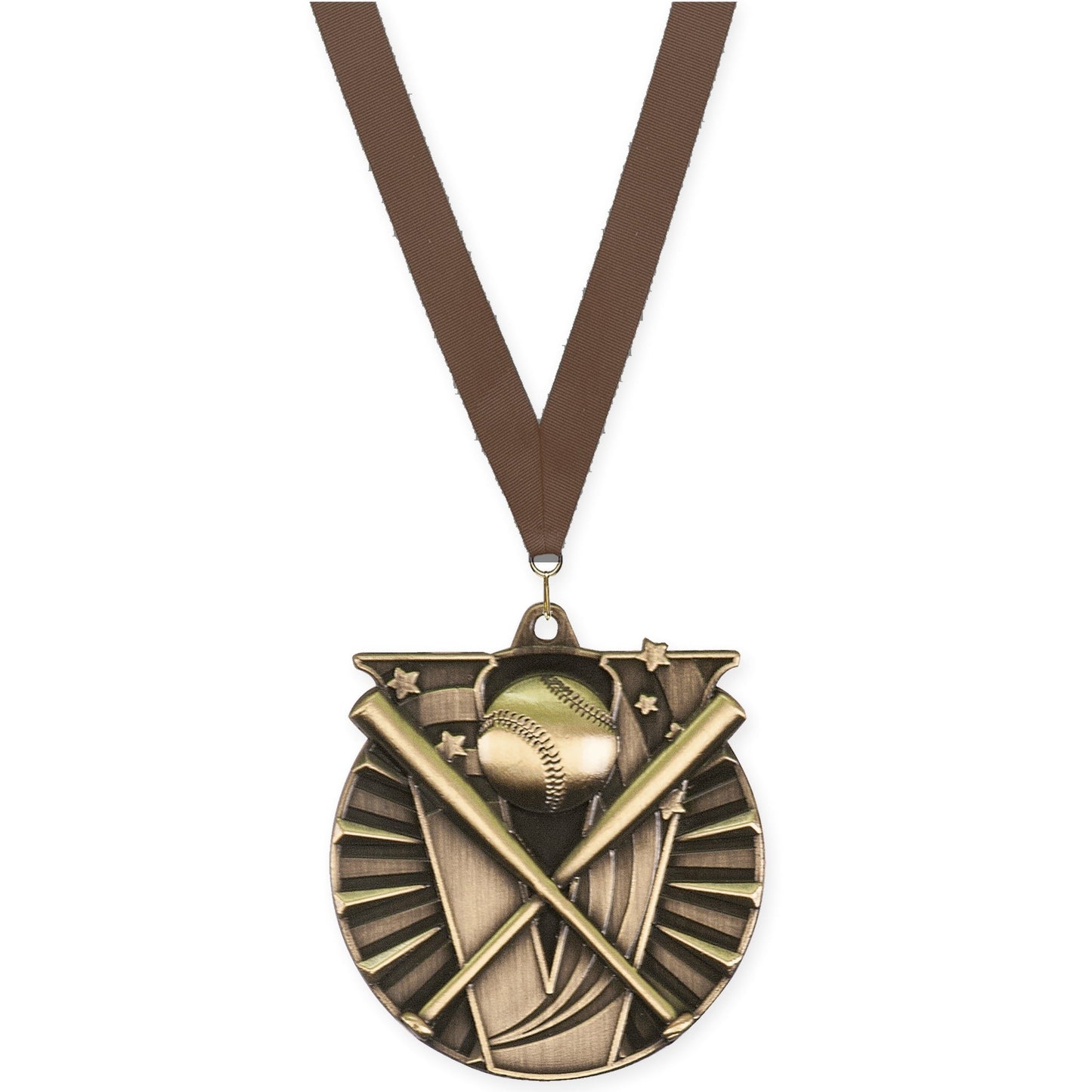 2 inch baseball and softball Victory medal in antique gold with Brown neck ribbon