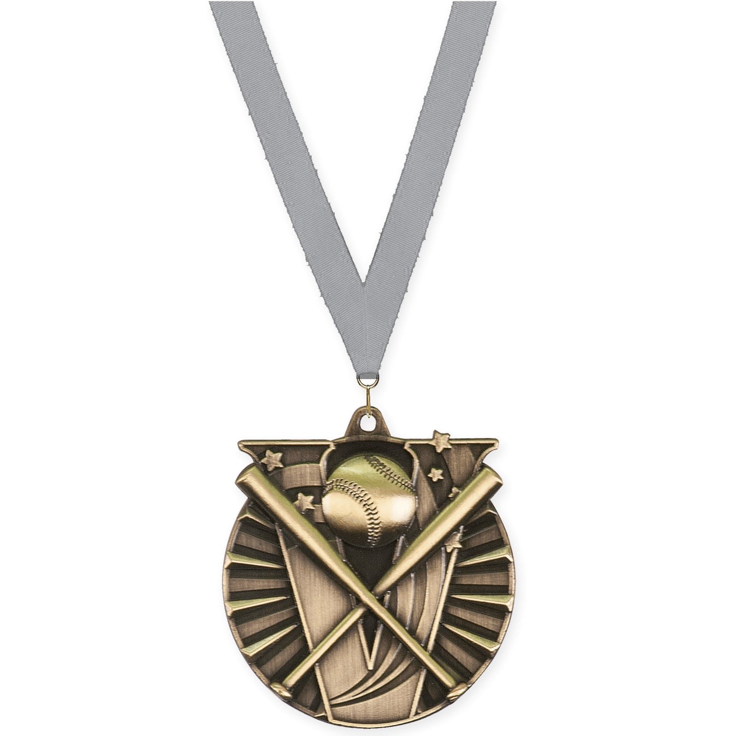 2 inch baseball and softball Victory medal in antique gold with Gray neck ribbon
