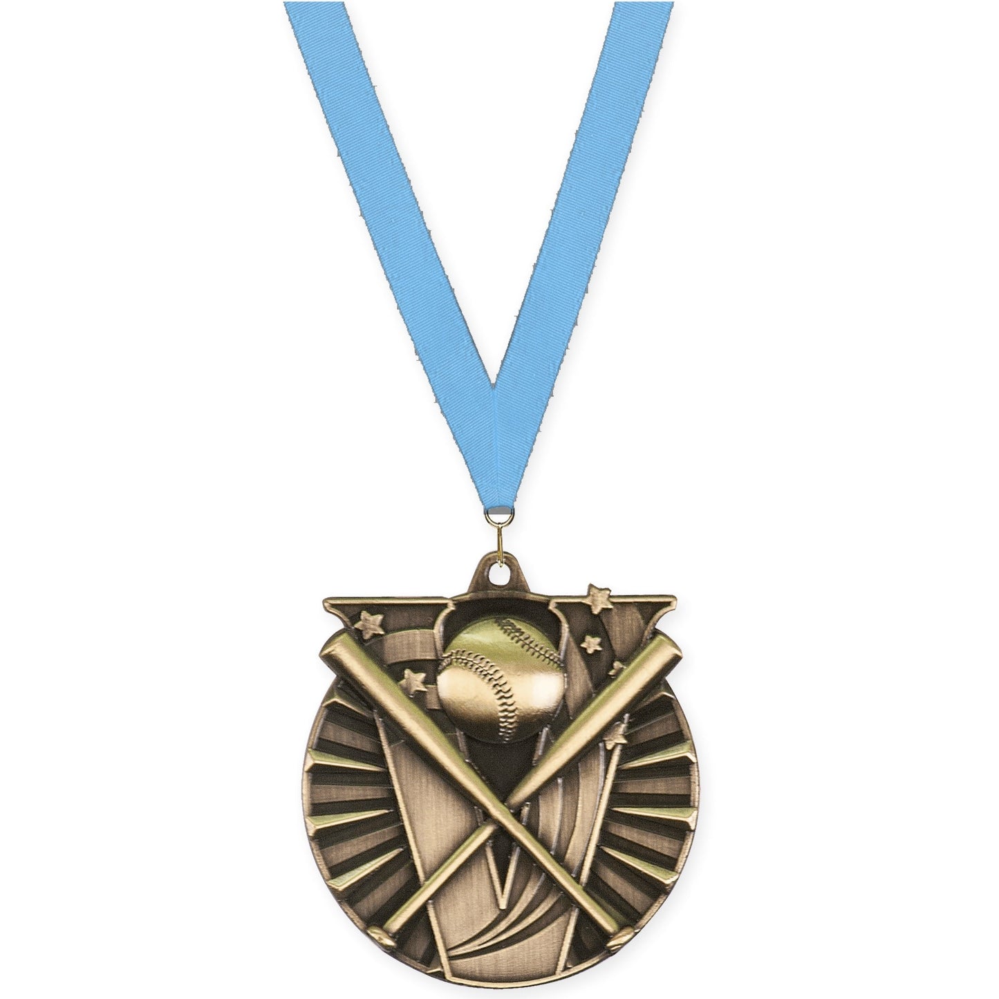 2 inch baseball and softball Victory medal in antique gold with Light Blue neck ribbon