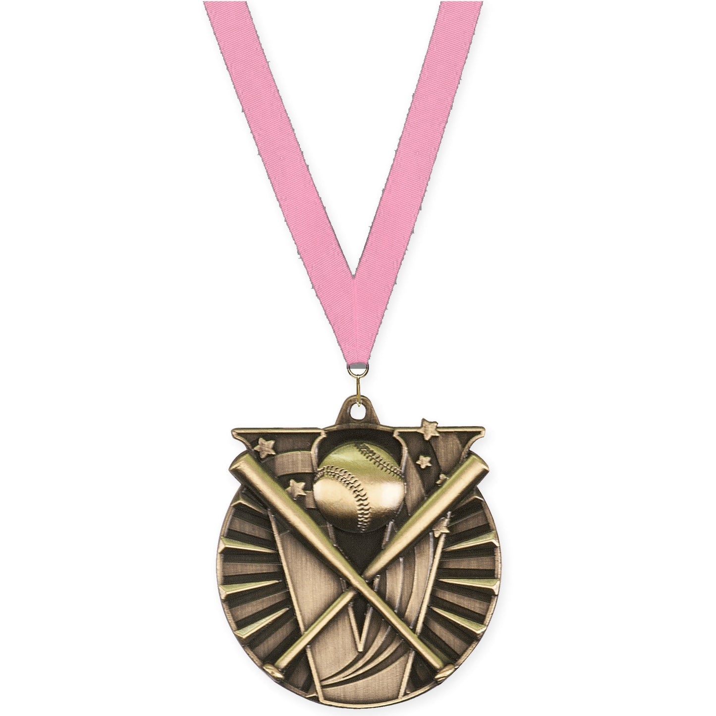2 inch baseball and softball Victory medal in antique gold with Pink neck ribbon