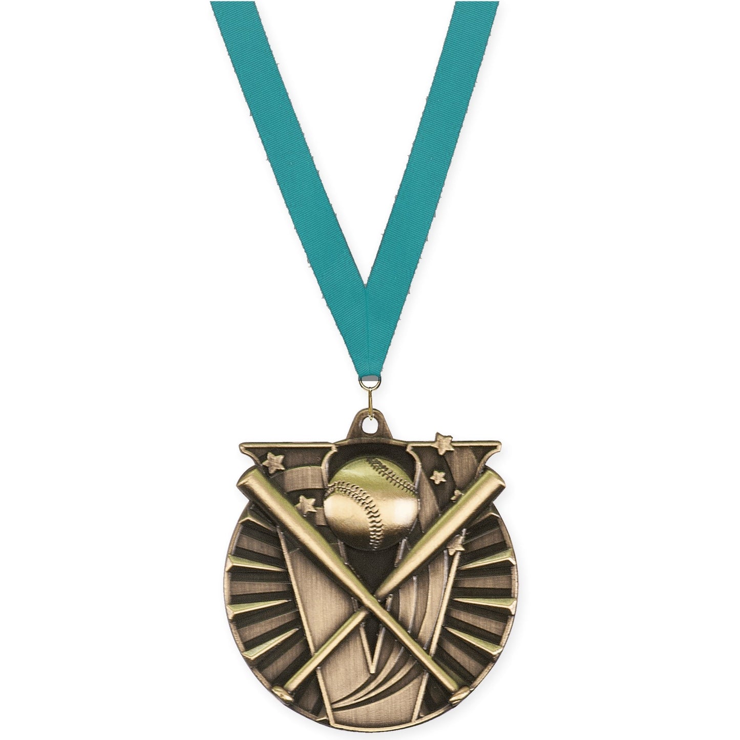 2 inch baseball and softball Victory medal in antique gold with Teal neck ribbon
