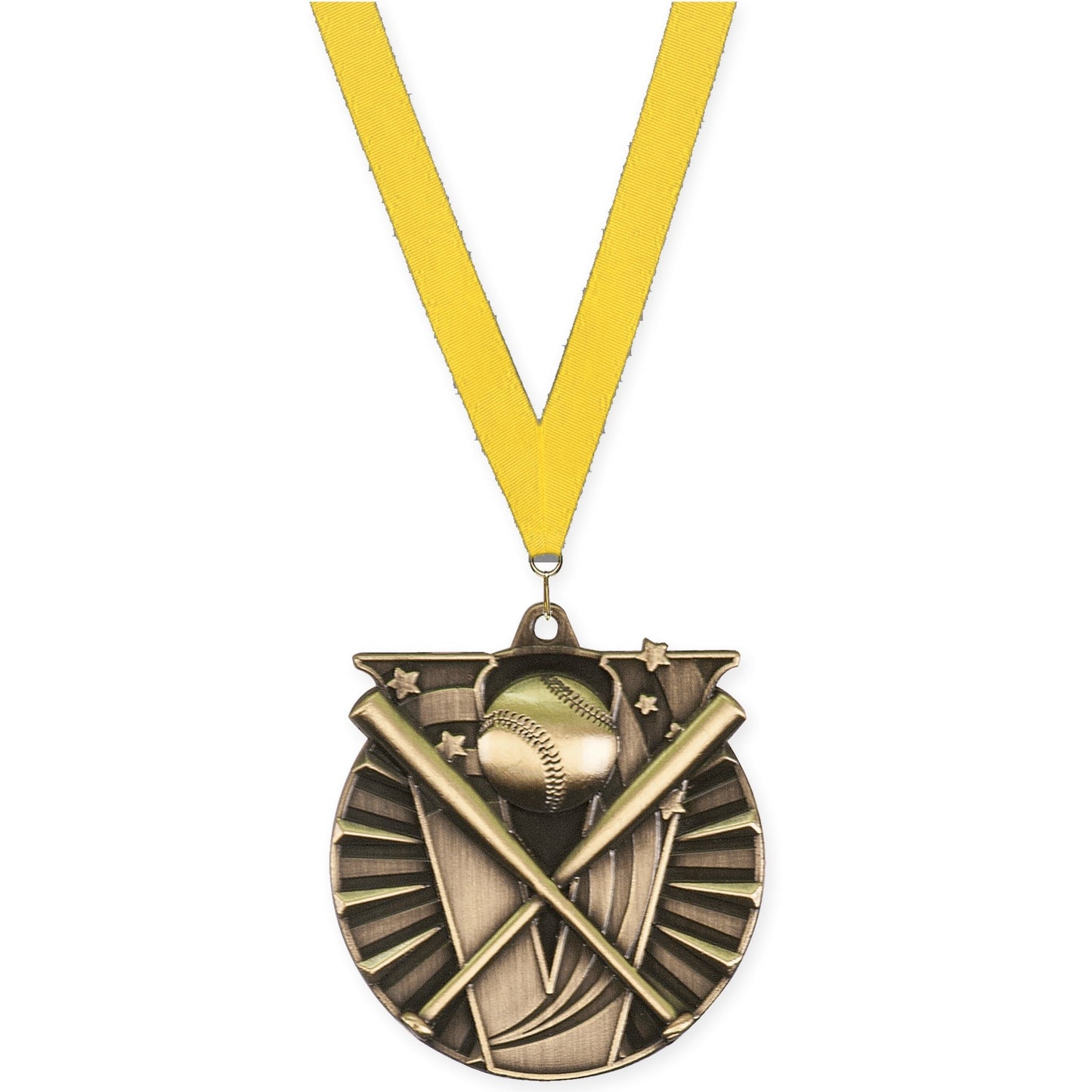 2 inch baseball and softball Victory medal in antique gold with Yellow neck ribbon