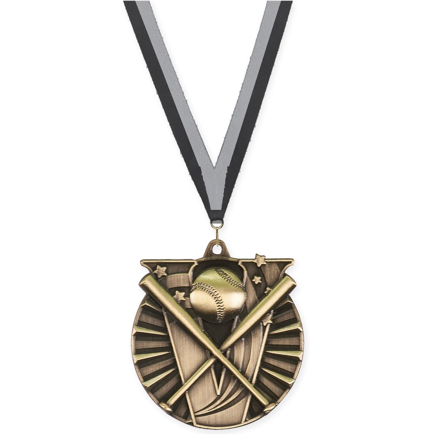 2 inch baseball and softball Victory medal in antique gold with Black Gray neck ribbon
